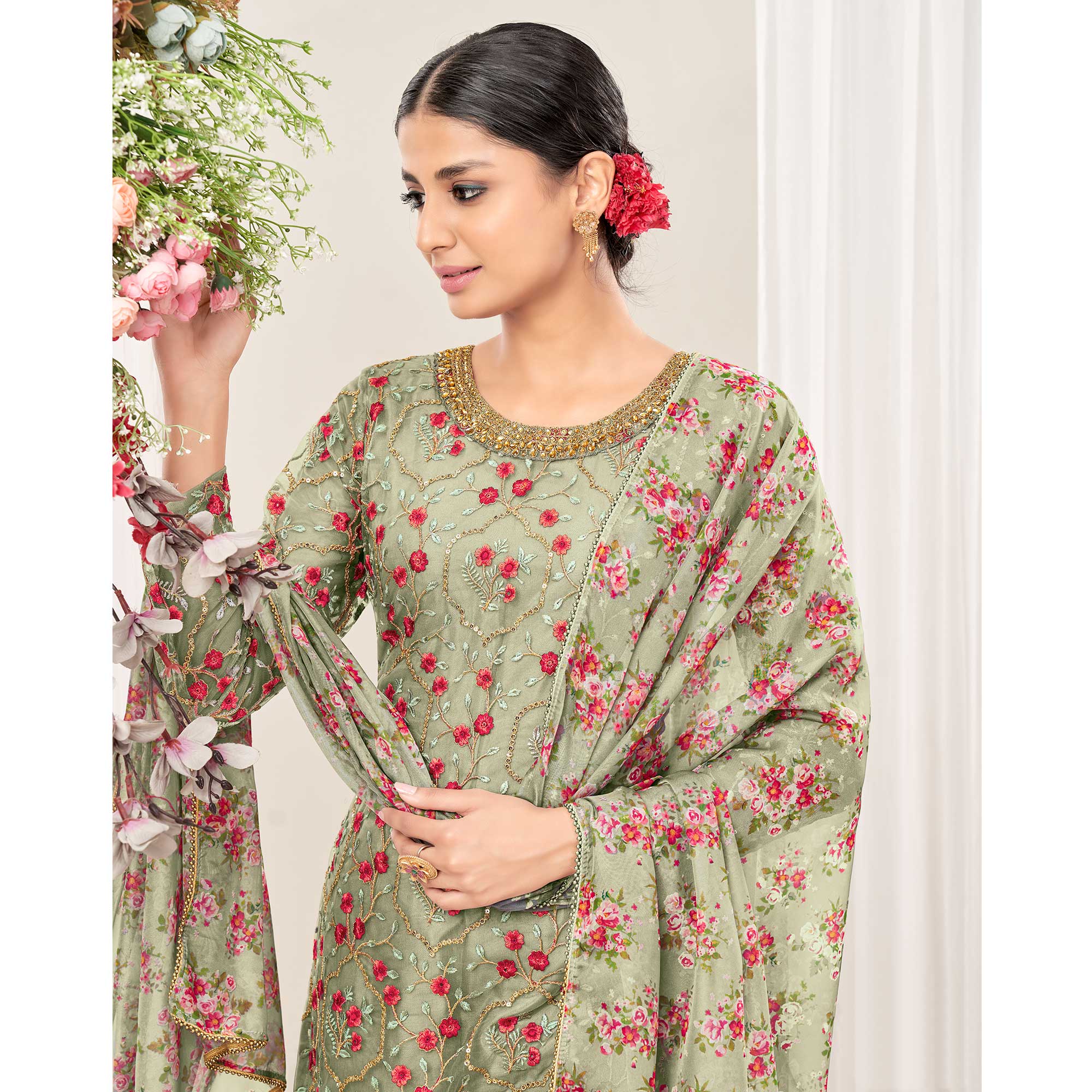 Green Floral Sequins Embroidered Net Patiala Suit