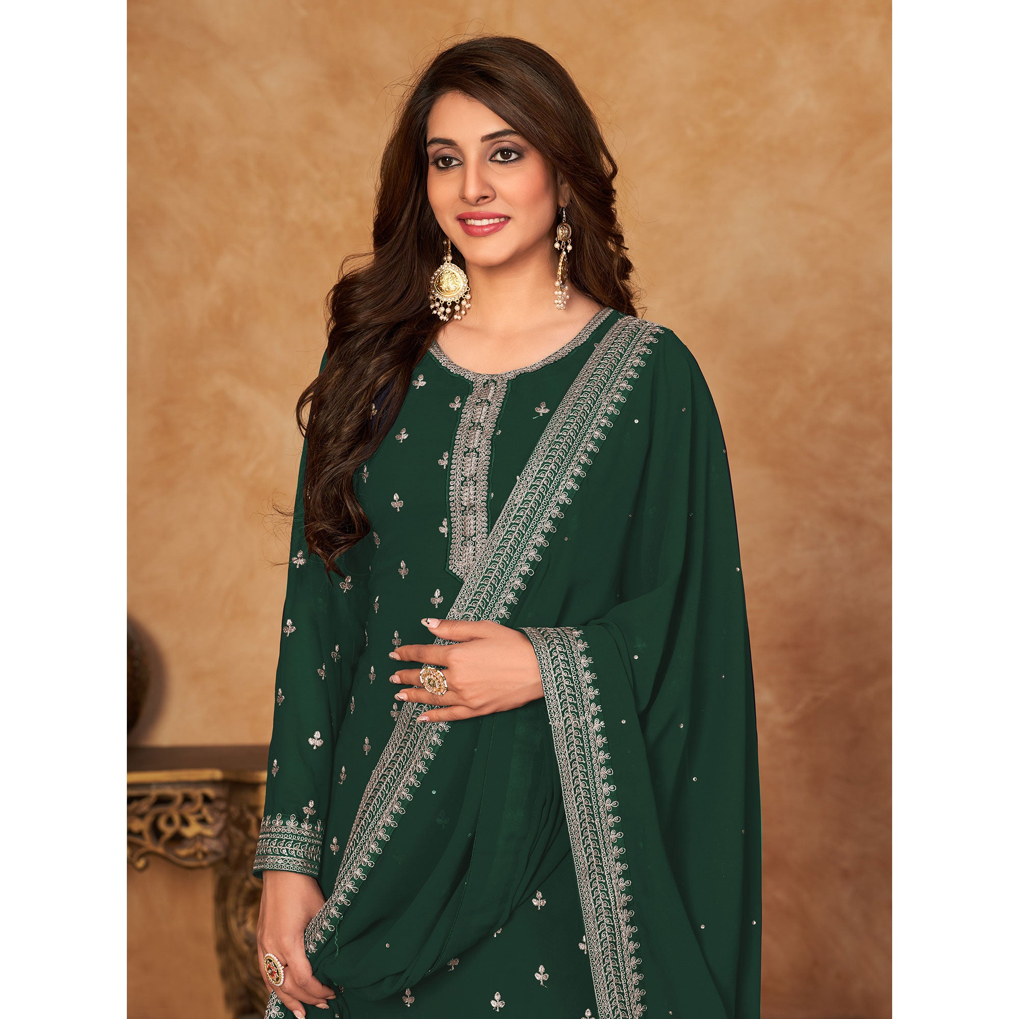 Green Floral Embroidered Georgette Semi Stitched Suit