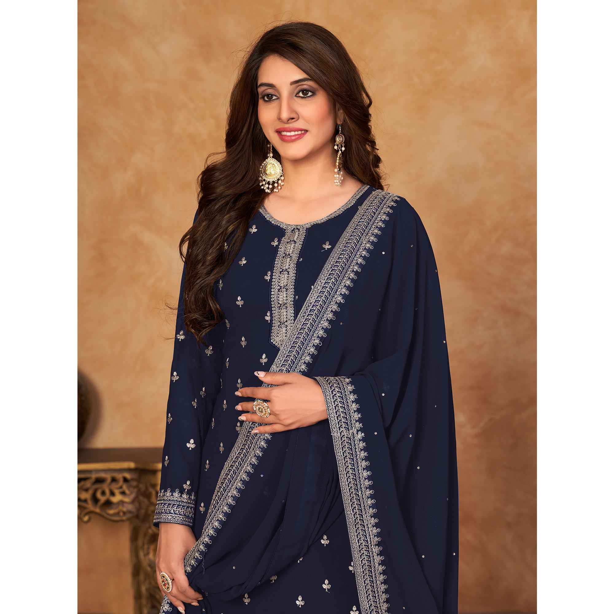 Blue Floral Embroidered Georgette Semi Stitched Suit