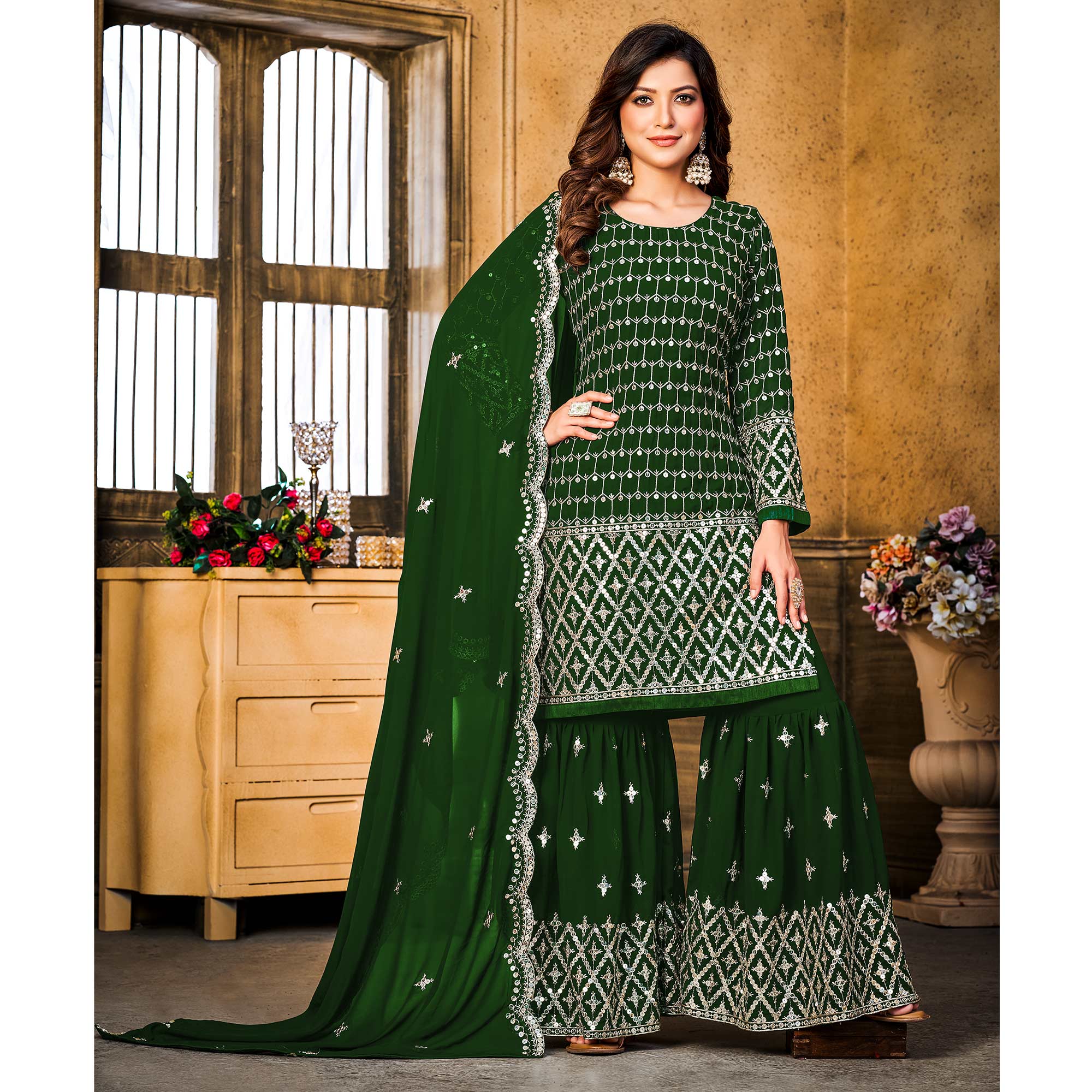 Green Sequins Embroidered Georgette Semi Stitched Suit