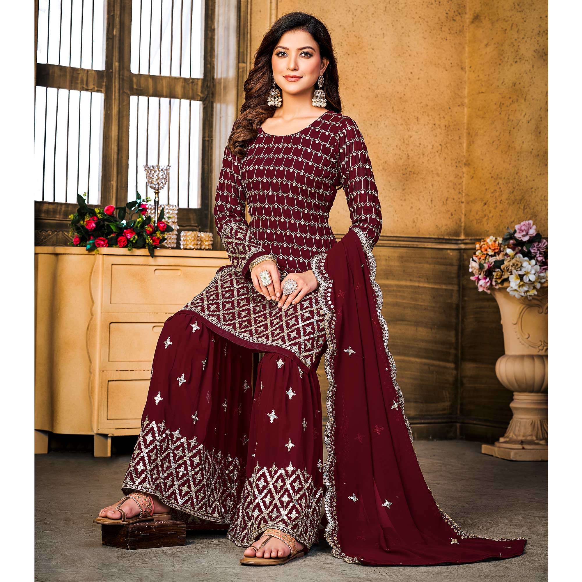Maroon Sequins Embroidered Georgette Semi Stitched Suit