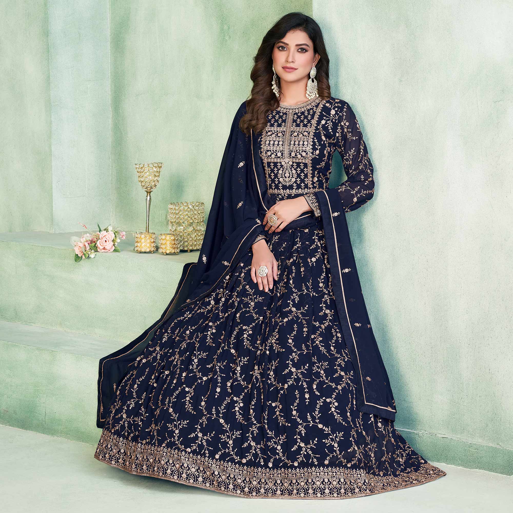 Blue Embroidered Georgette Semi Stitched Anarkali Suit