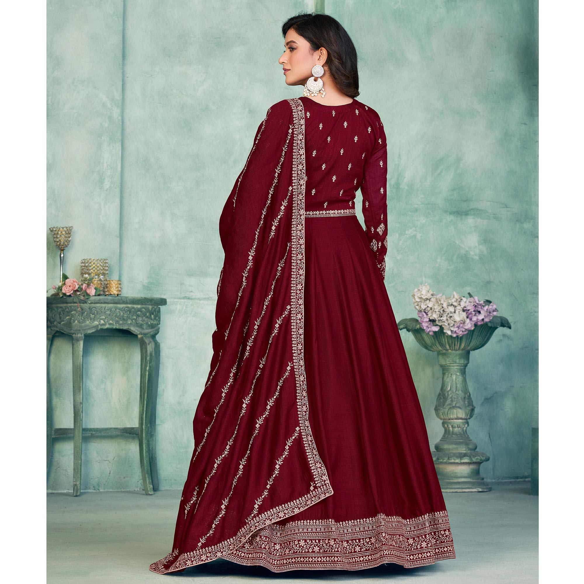 Maroon Embroidered Art Silk Semi Stitched Anarkali Suit