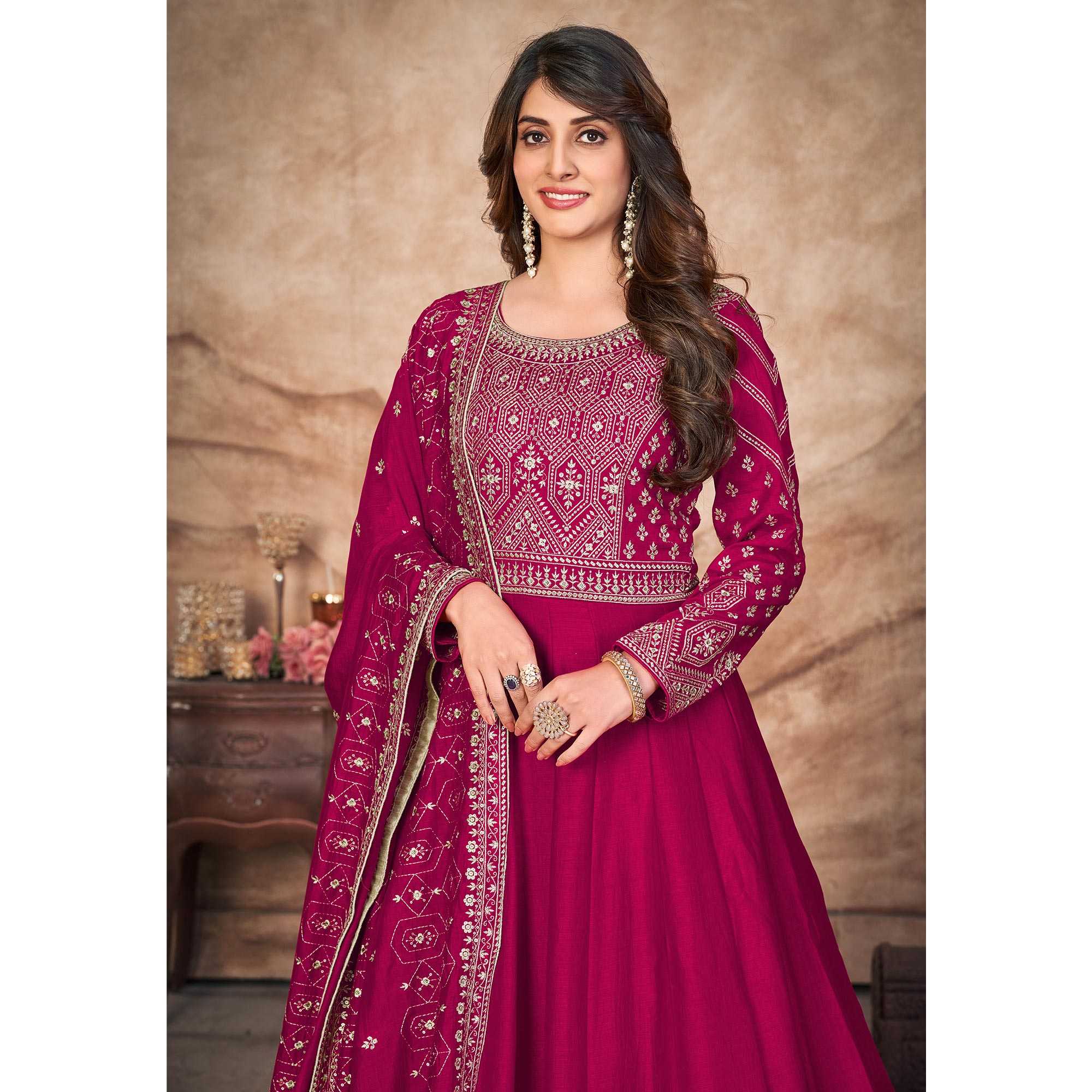Pink Embroidered Art Silk Semi Stitched Anarkali Suit