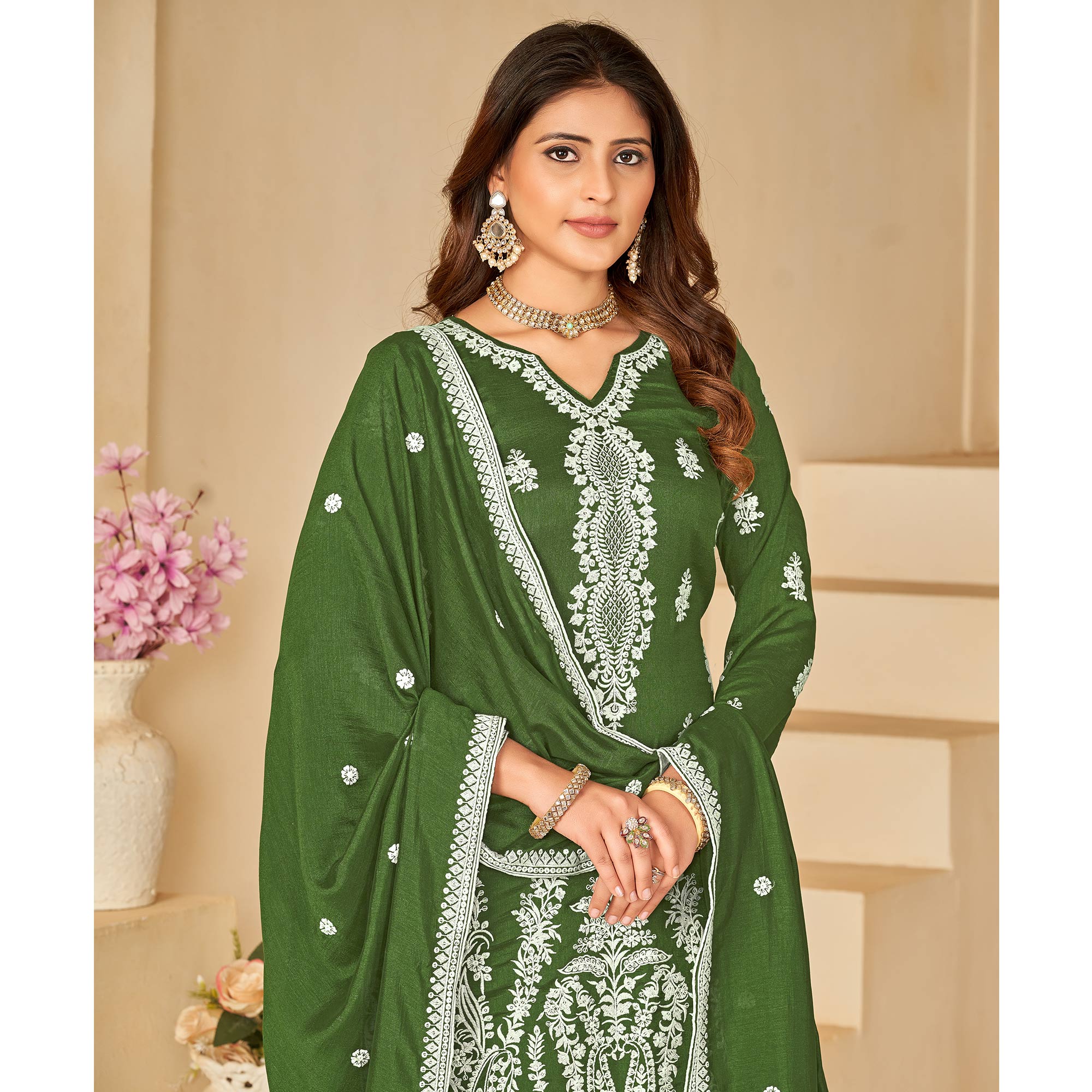 Green Floral Embroidered Art Silk Semi Stitched Palazzo Suit