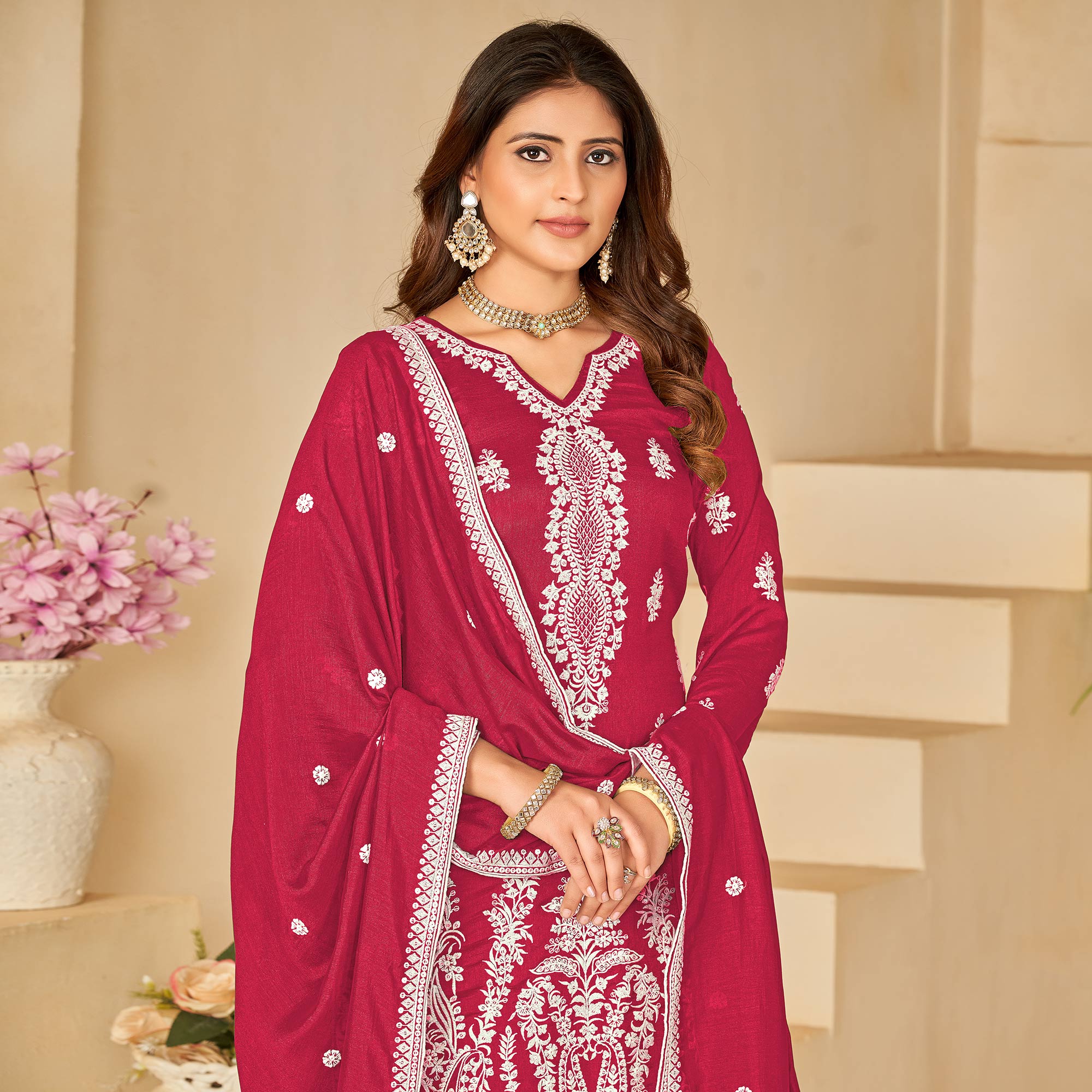 Pink Floral Embroidered Art Silk Semi Stitched Palazzo Suit
