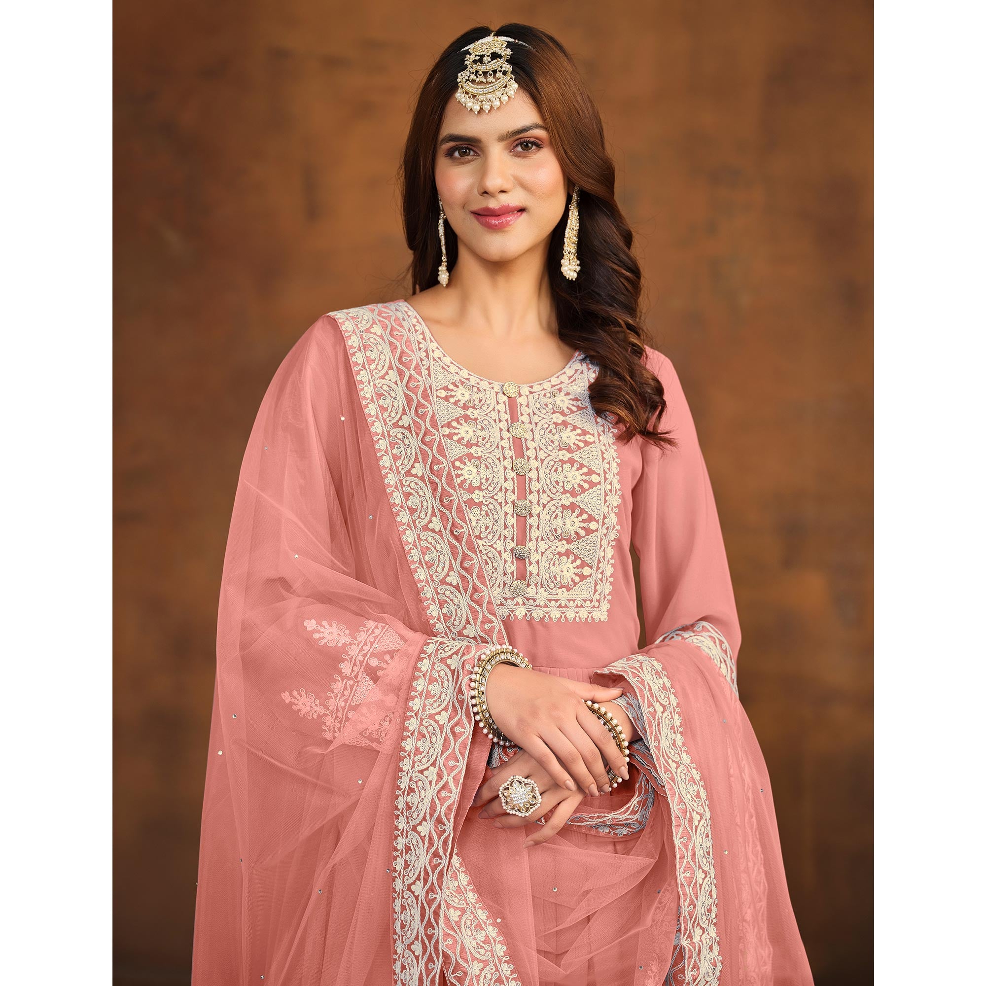 Peach Floral Embroidered Georgette Semi Stitched Palazzo Suit