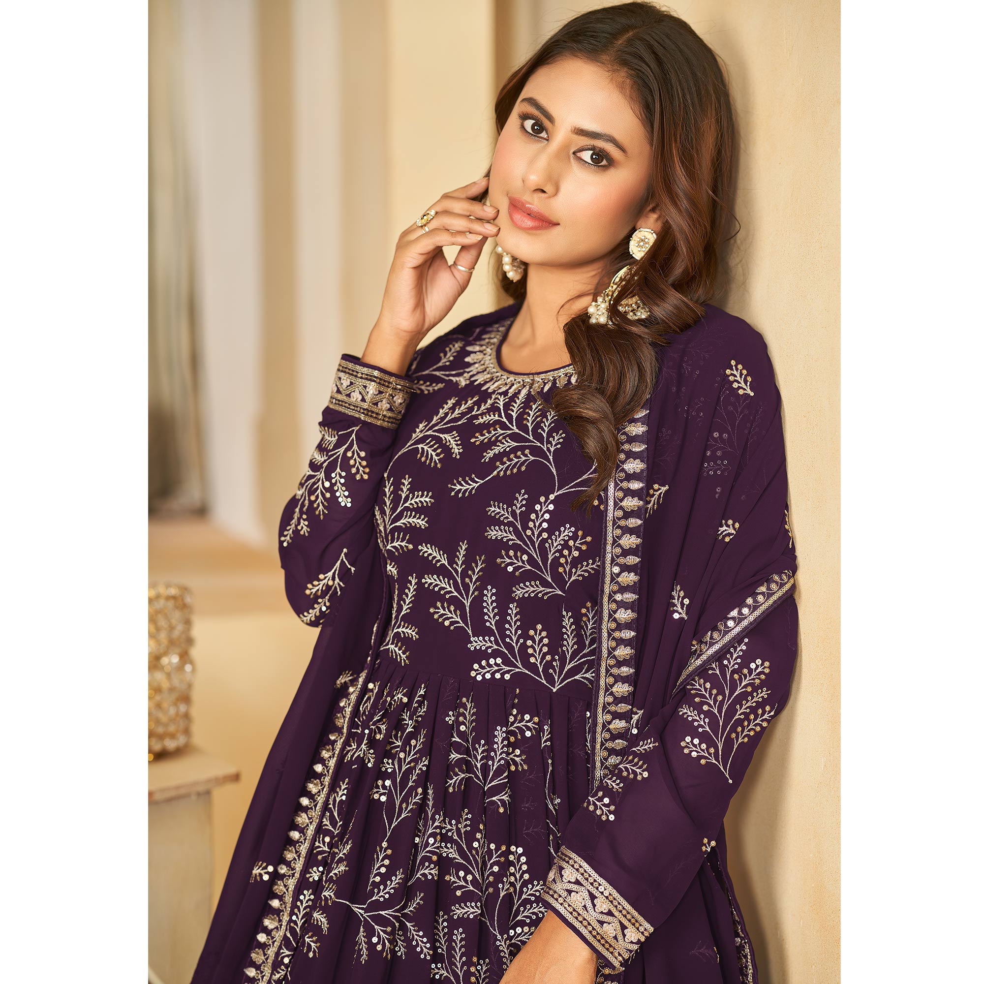 Purple Sequins Embroidered Georgette Anarkali Style Semi Stitched Gown