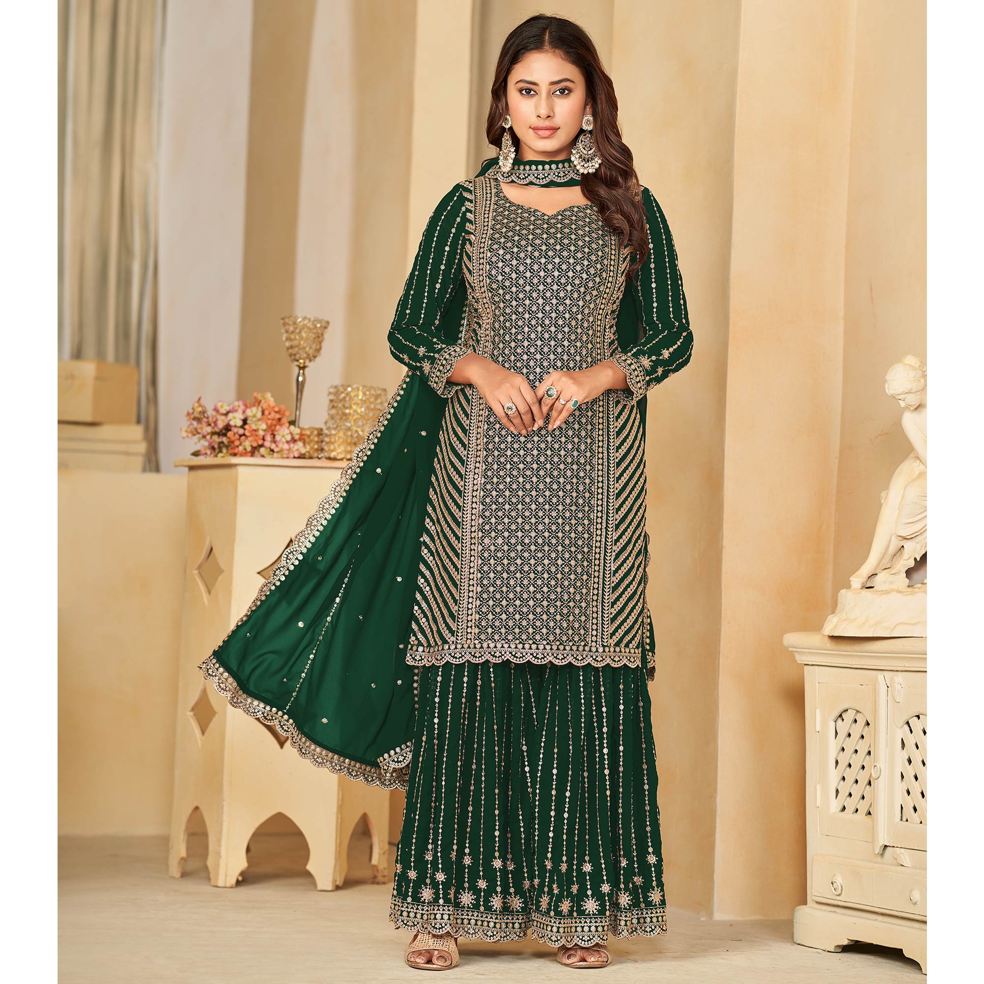 Green Sequins Embroidered Georgette Semi Stithed Sharara Suit