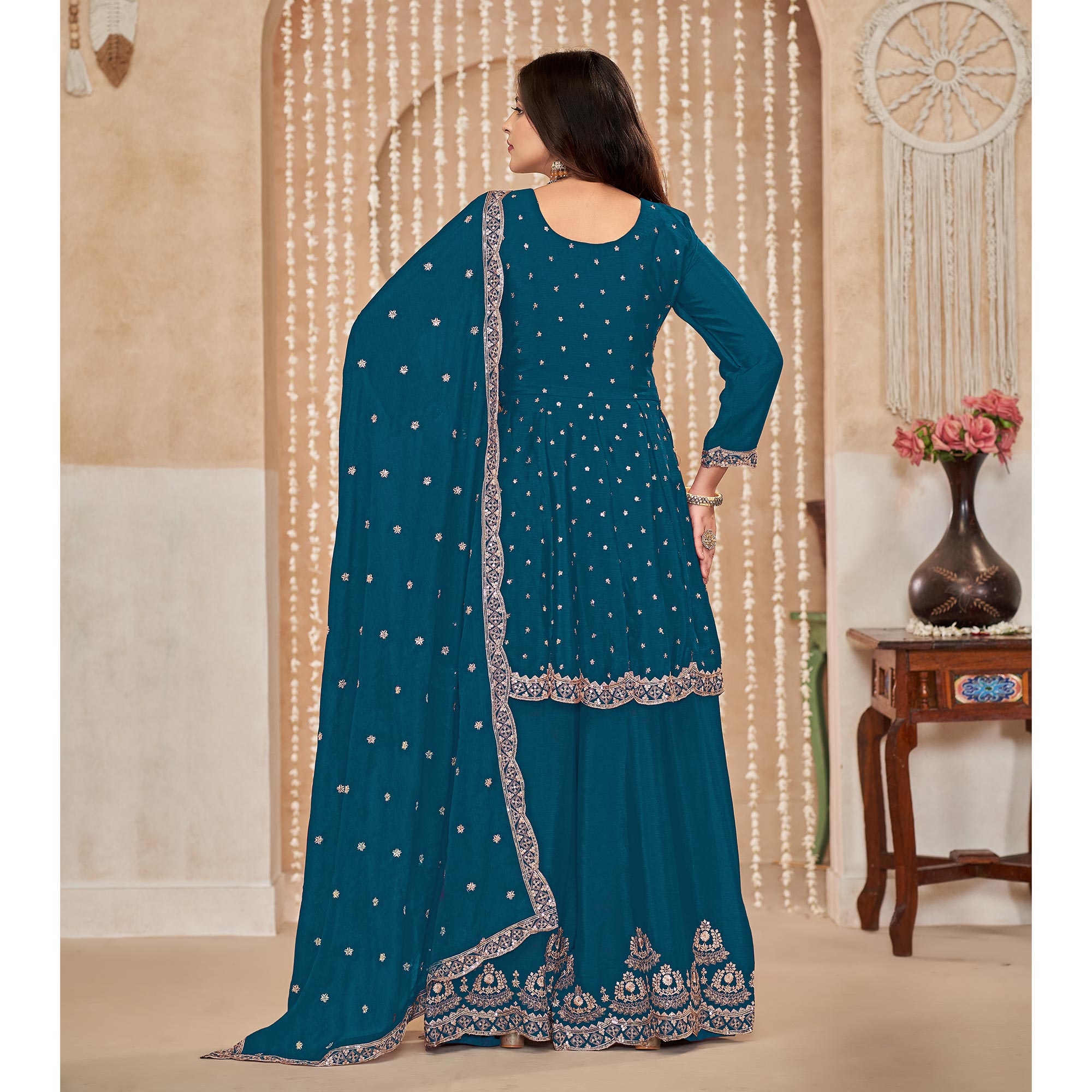Teal Floral Sequins Embroidered Chinon Semi Stitched Sharara Suit