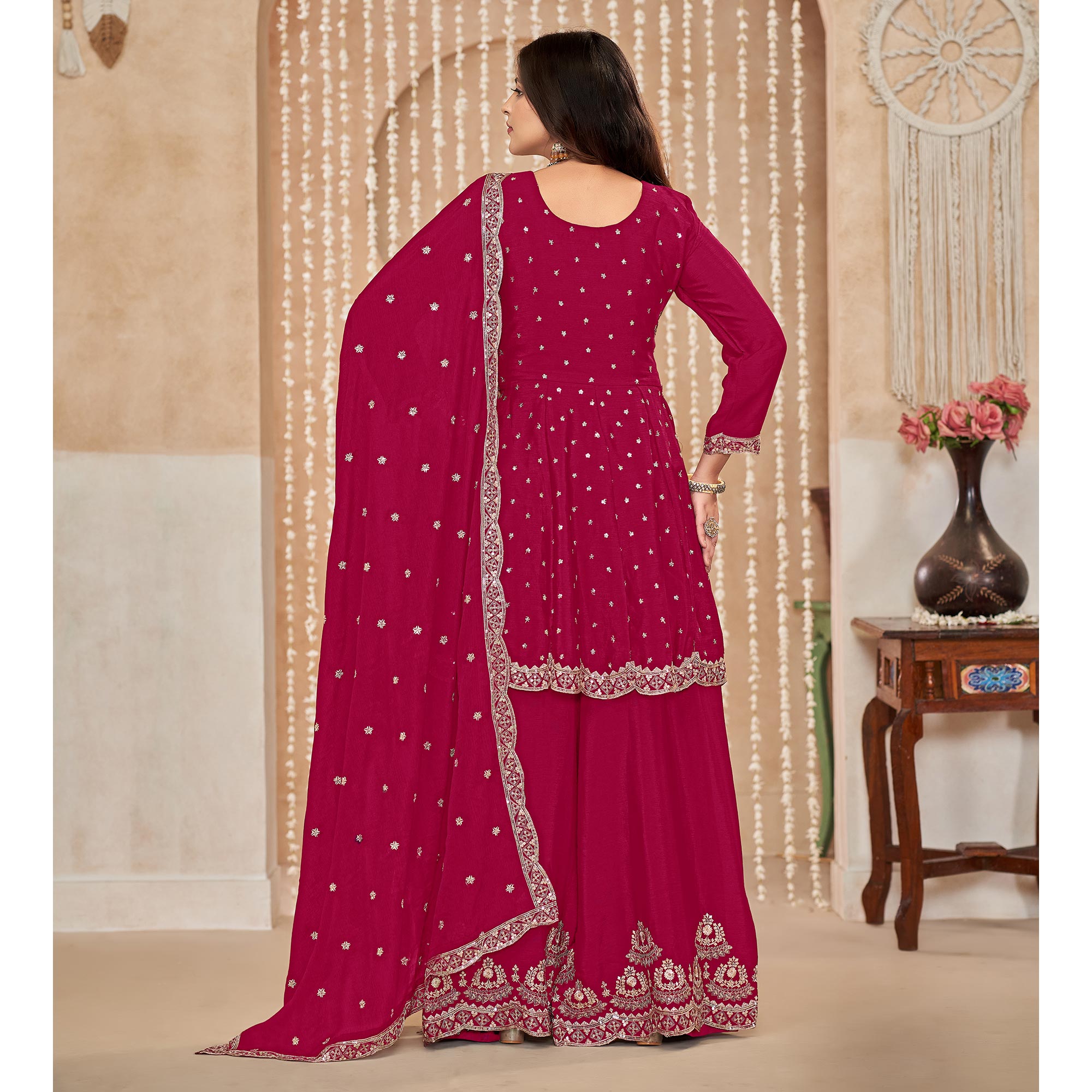 Rani Pink Floral Sequins Embroidered Chinon Semi Stitched Sharara Suit
