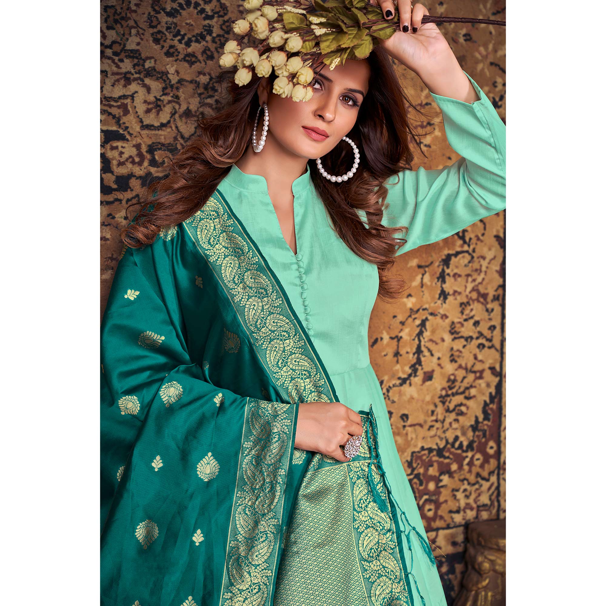Turquoise Solid Art Silk Anarkali Suit