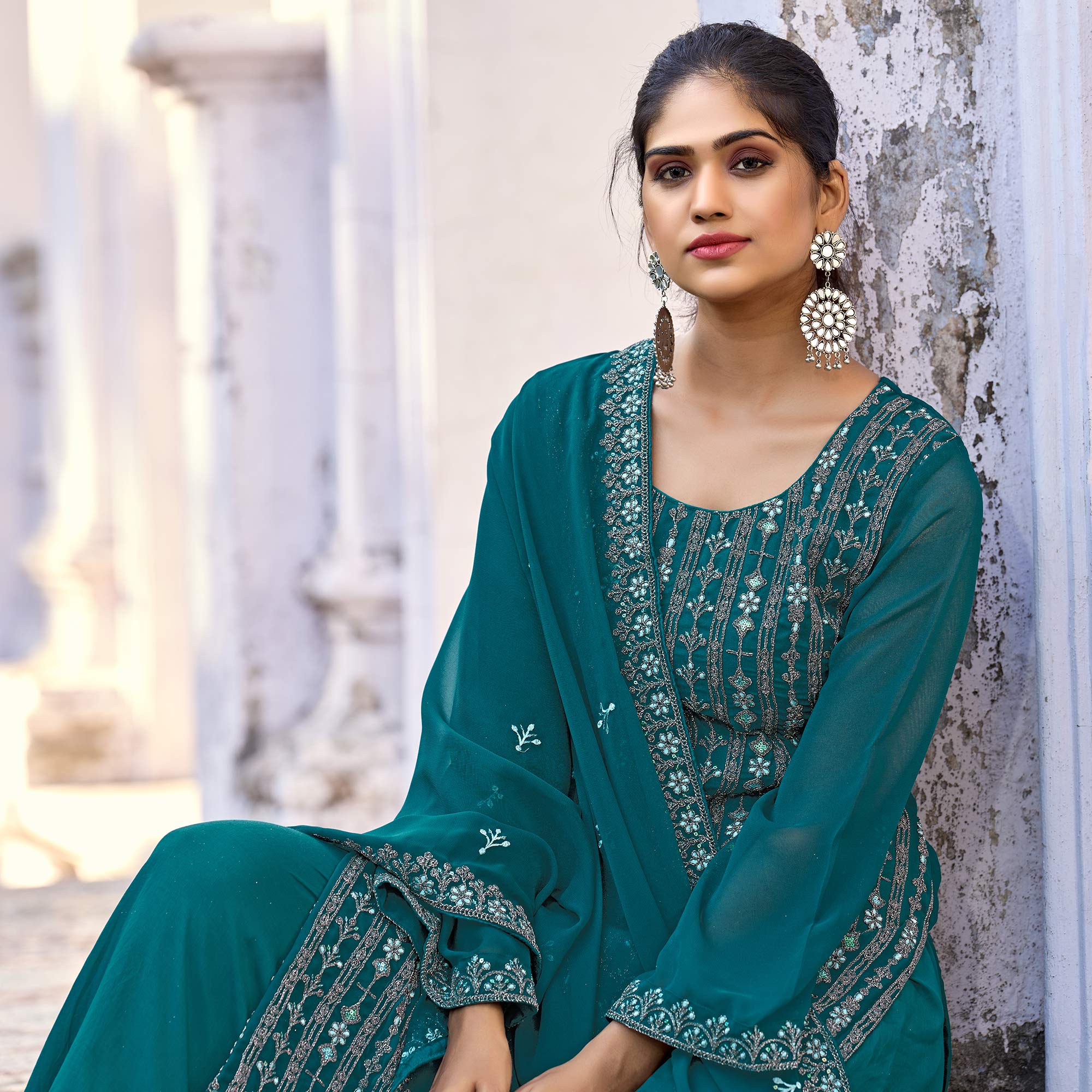 Morpich Floral Embroidered Art Silk Suit