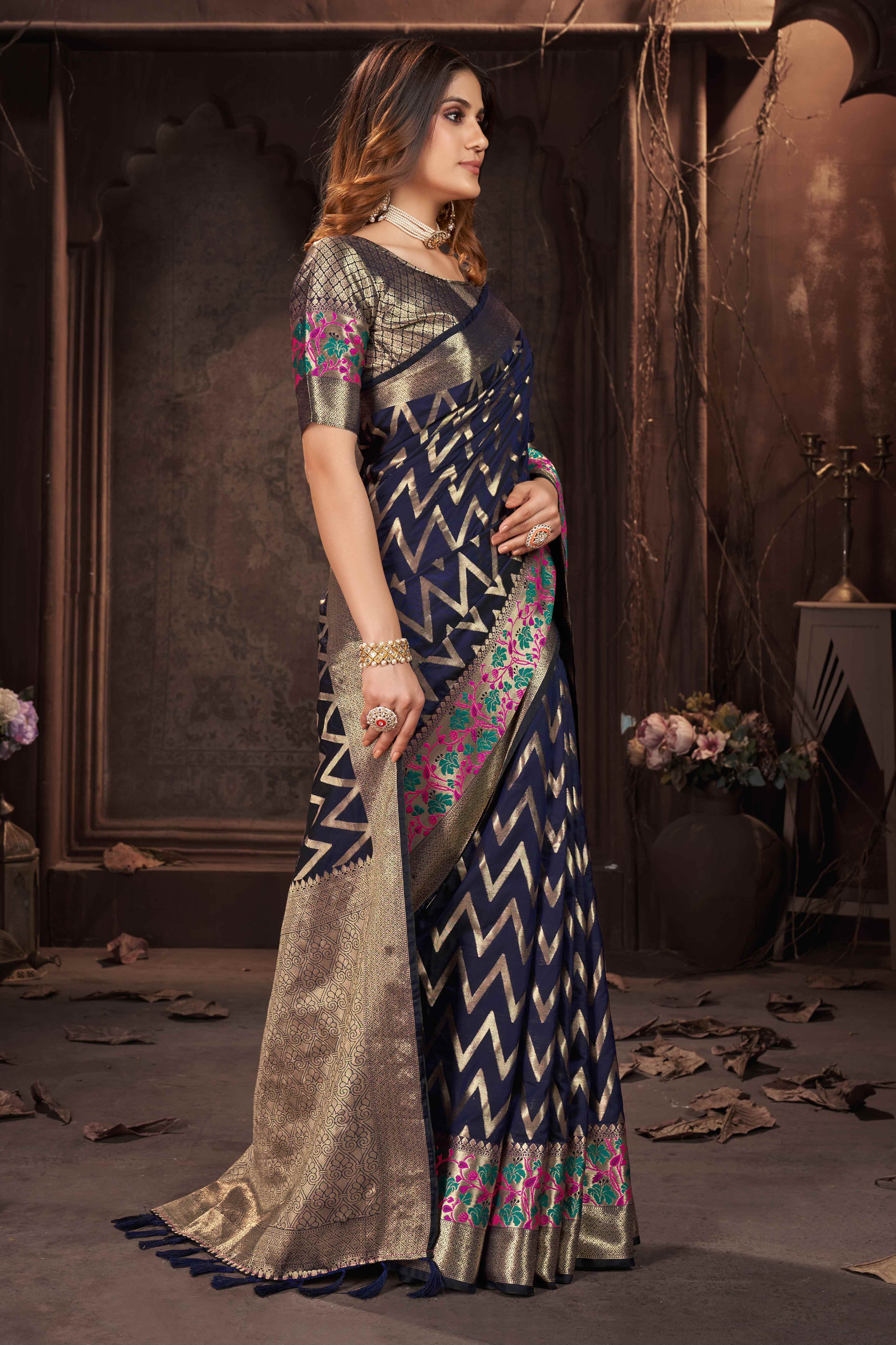 Navy Blue Zari Weaving Banarasi Silk Saree
