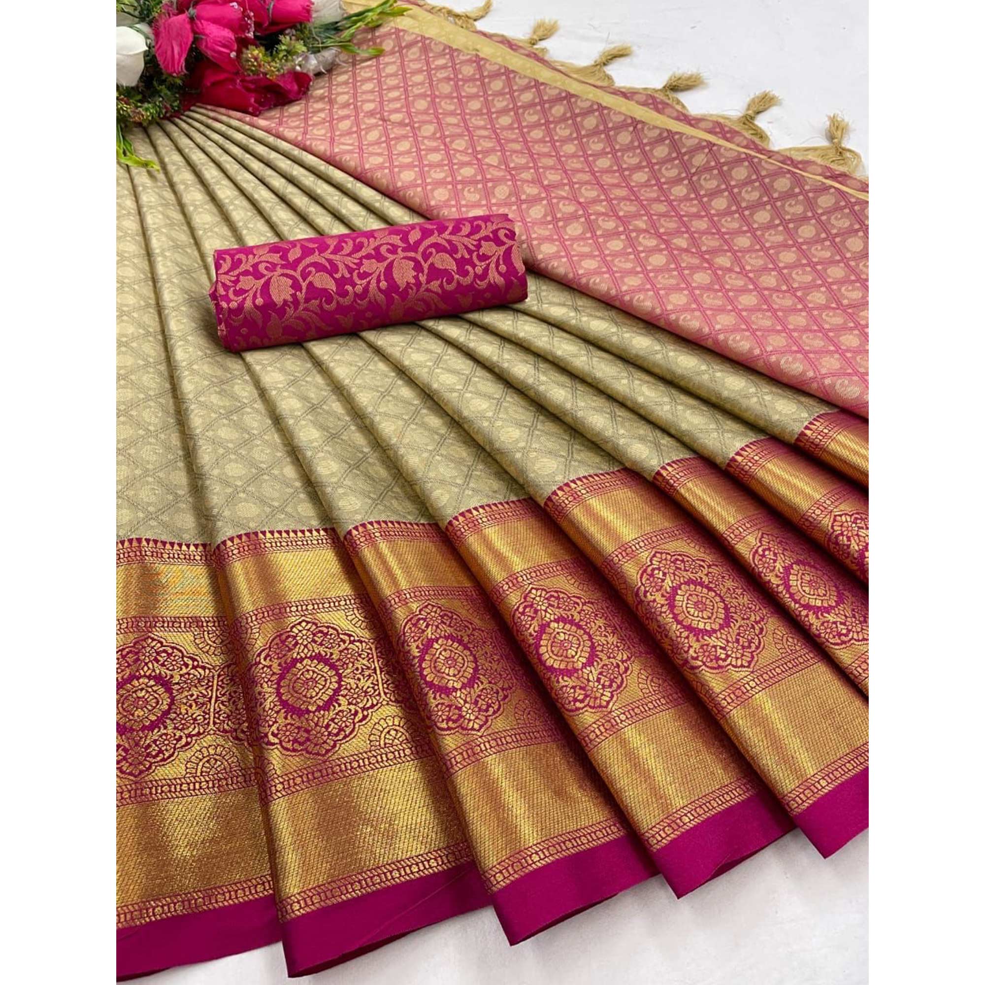 Chikoo Silk Blend Saree With Exquisite Zari Weaving & Graceful Tassels