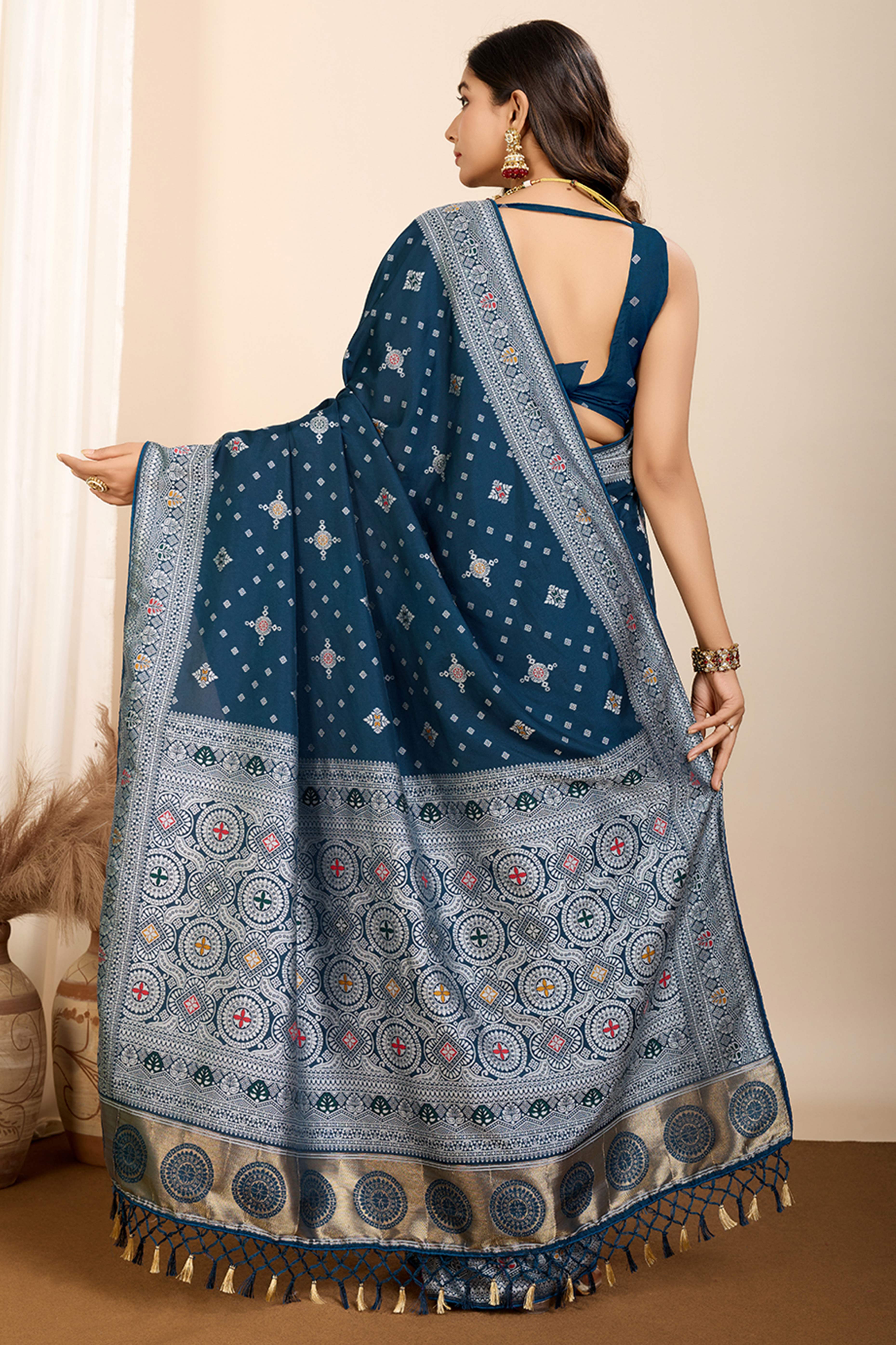 Teal Minakari Weaving Pure Silk Saree
