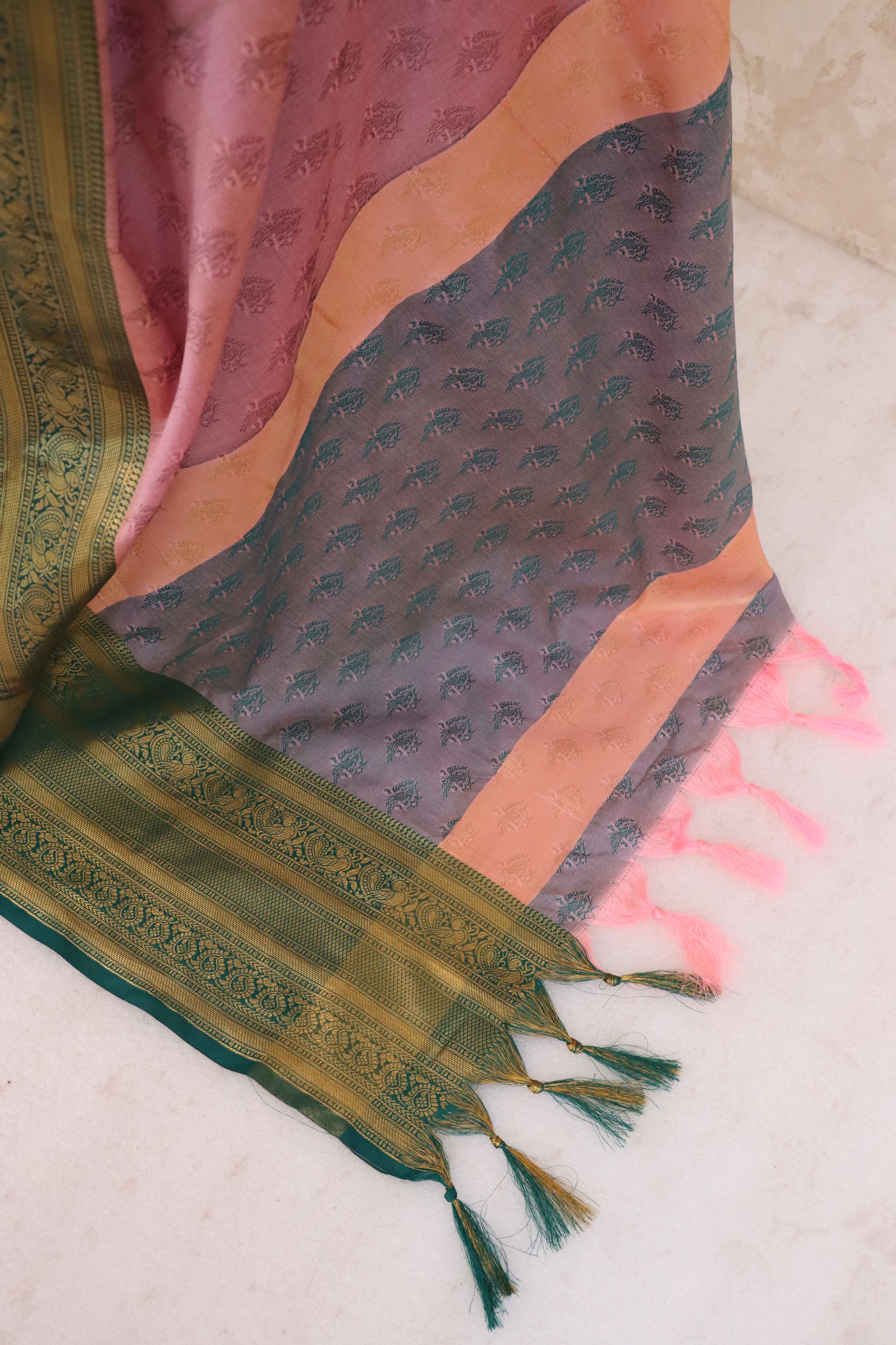 Pink Silk Blend Saree With Delicate Floral Zari Weaving & Graceful Tassels