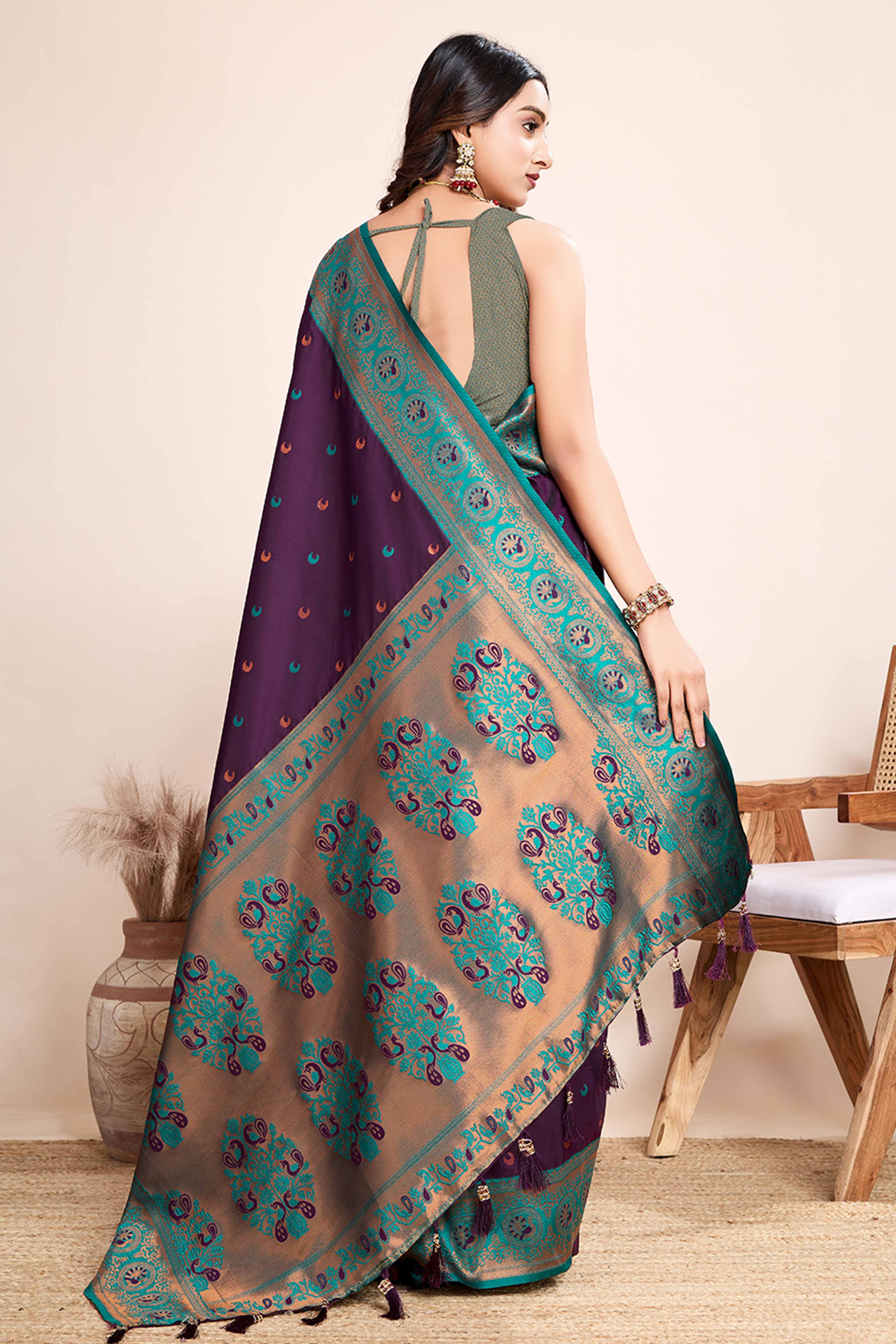 Wine Zari Weaving Banarasi Silk Saree