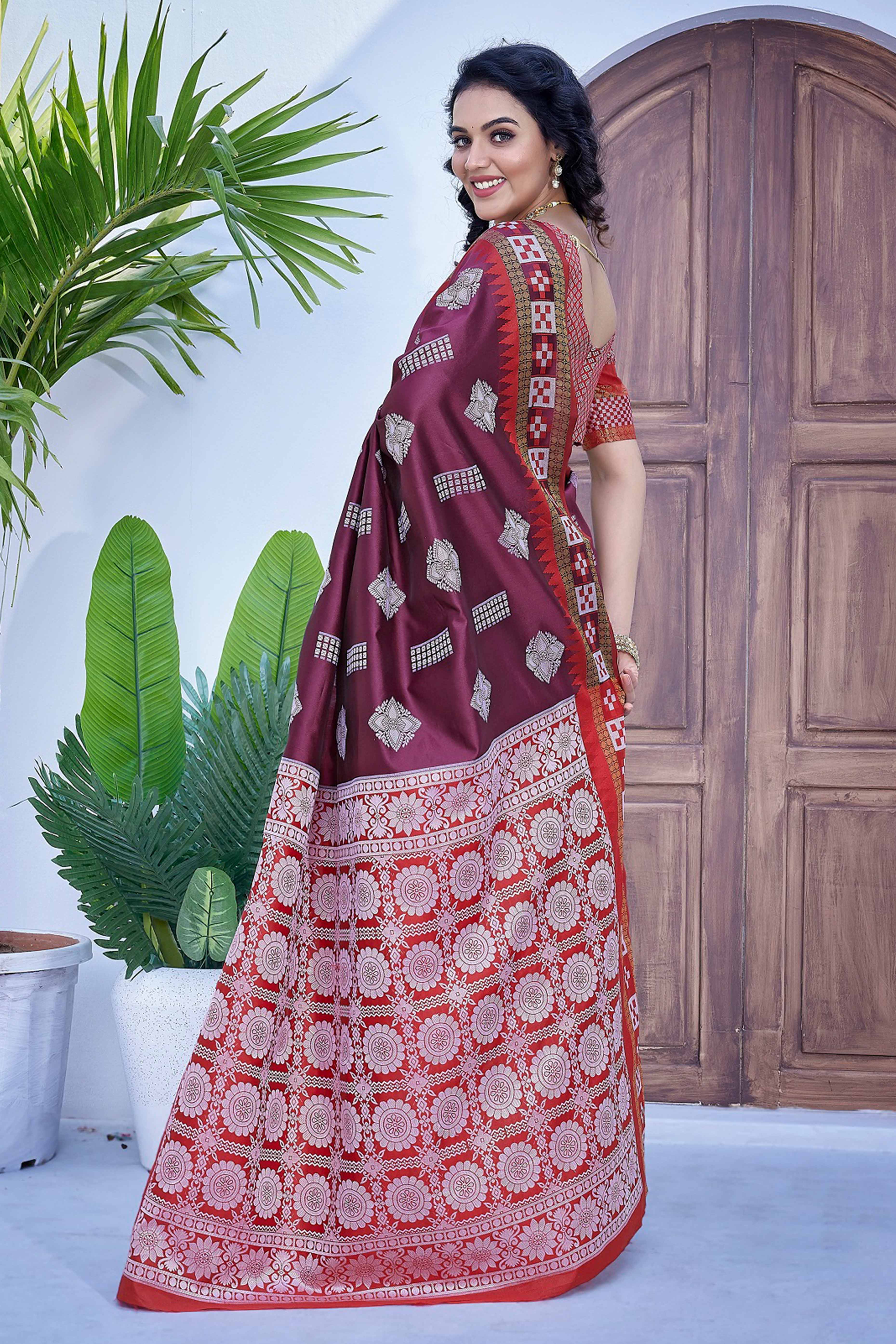Wine Zari Weaving Cotton Silk Saree