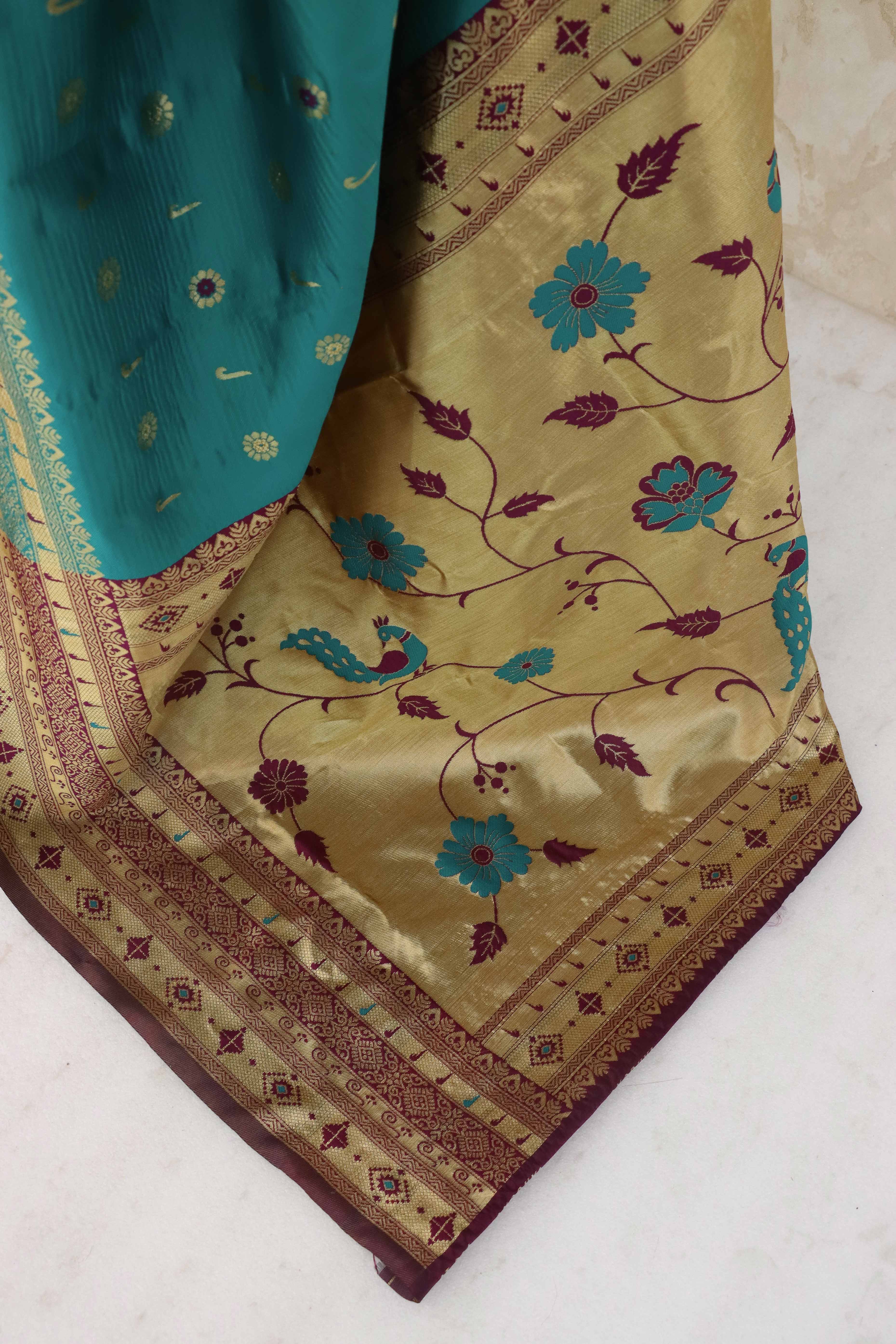 Rama Blue Pure Silk Paithani Saree With Intricate Floral Zari Weaving