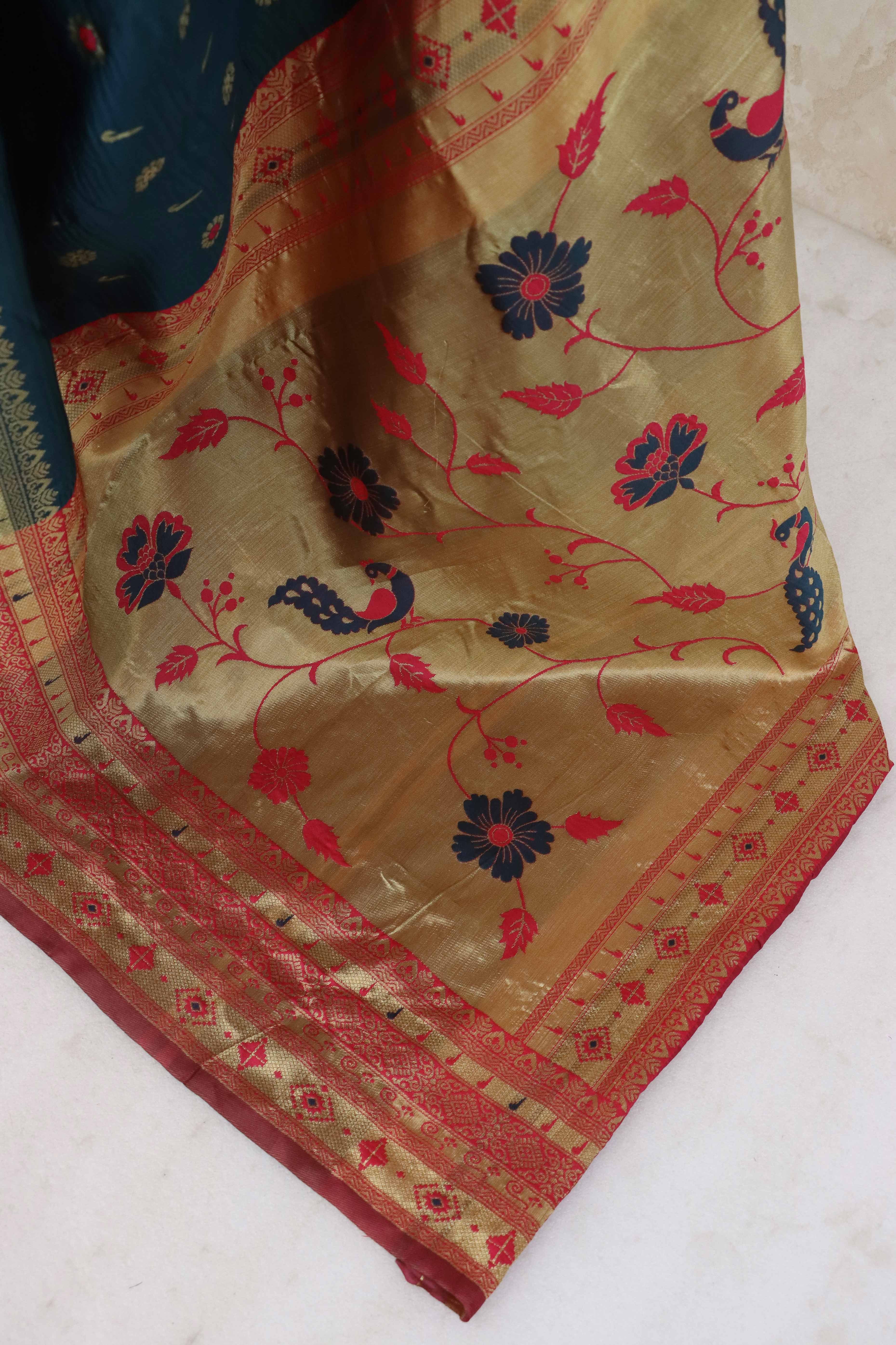 Dark Teal Blue Pure Silk Paithani Saree With Intricate Floral Zari Weaving