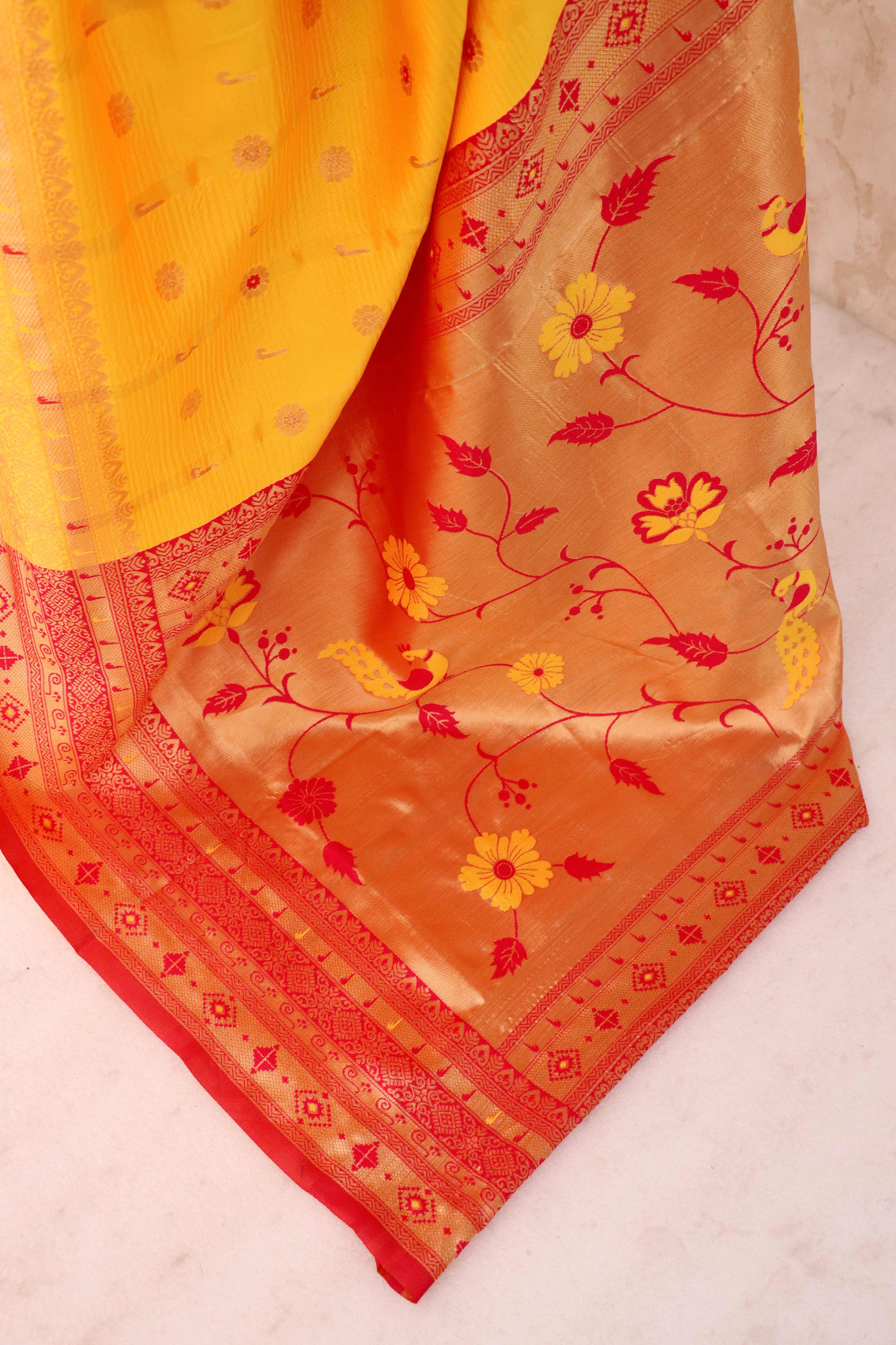 Yellow Pure Silk Paithani Saree With Intricate Floral Zari Weaving