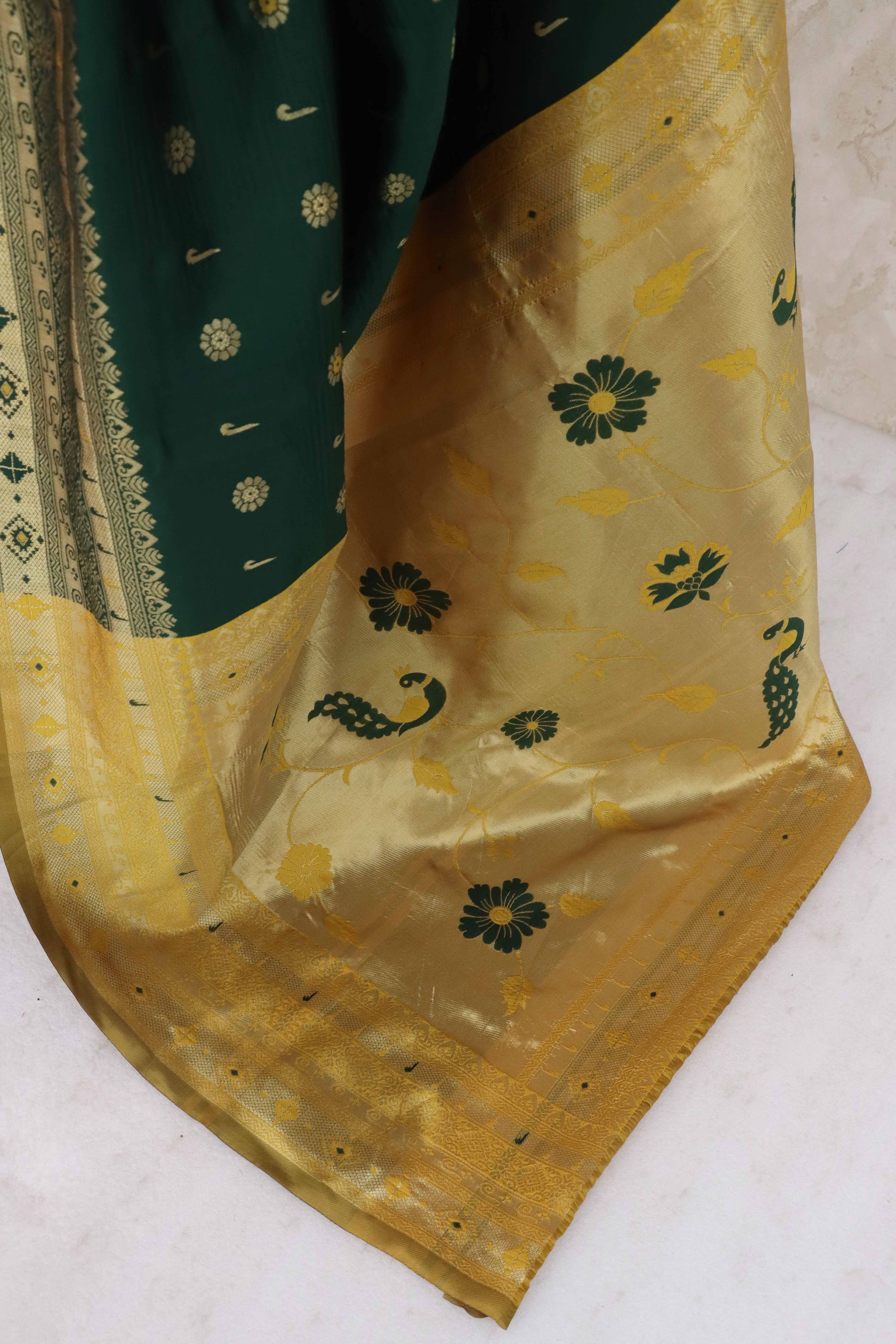 Dark Green Pure Silk Paithani Saree With Intricate Floral Zari Weaving
