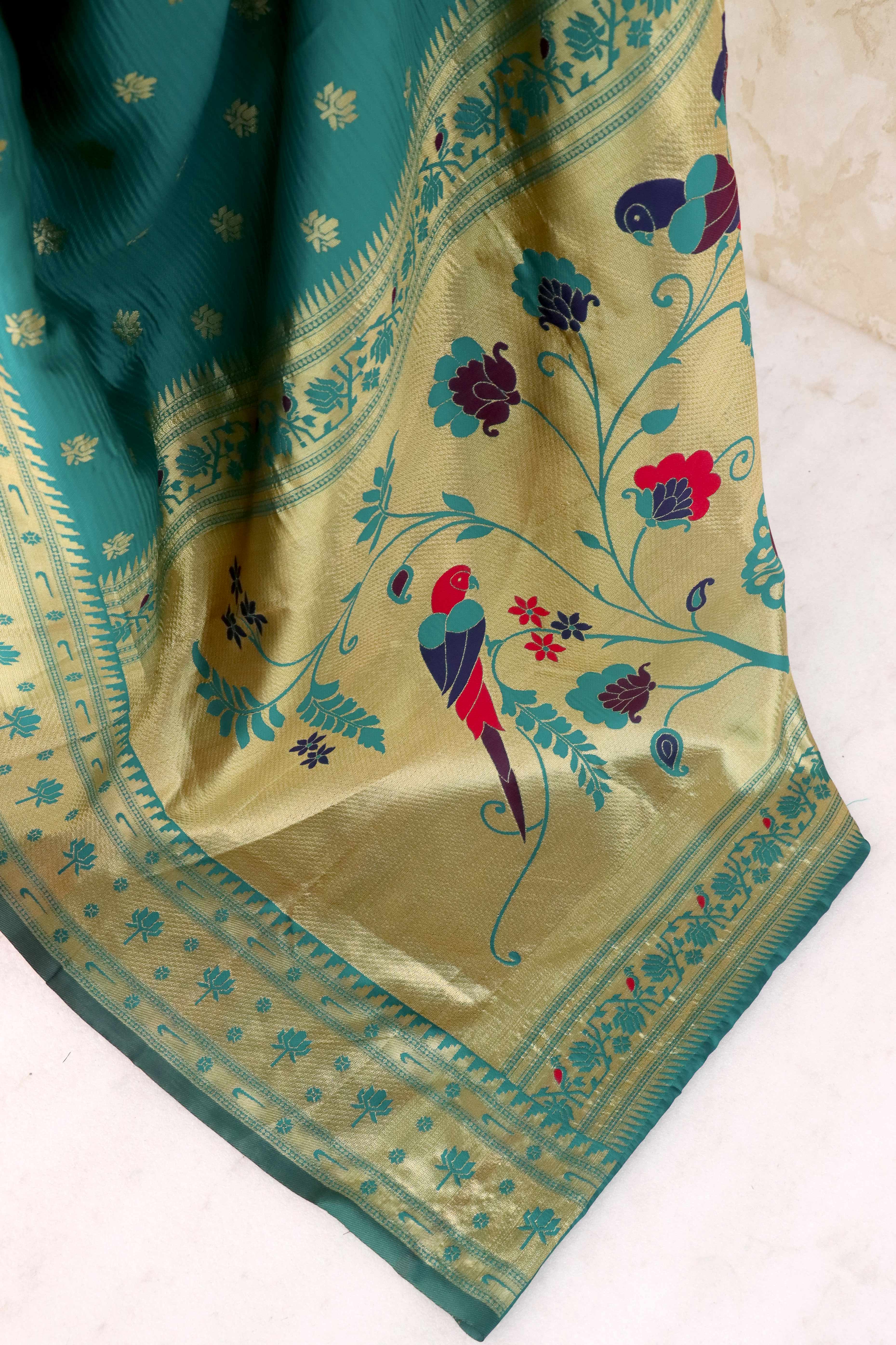 Rama Blue Pure Silk Paithani Saree With Elegant Floral Zari Weaving