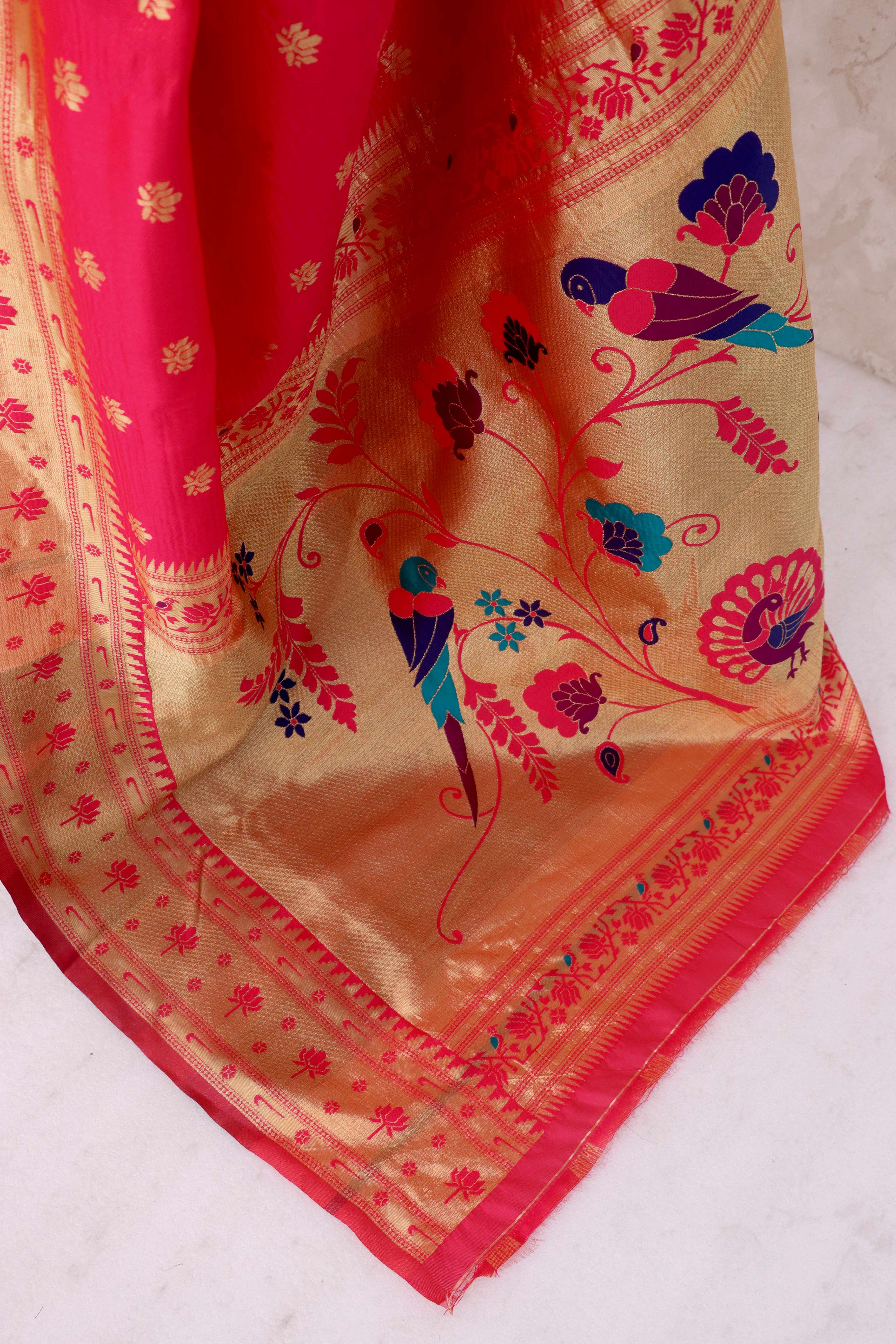Pink Pure Silk Paithani Saree With Elegant Floral Zari Weaving