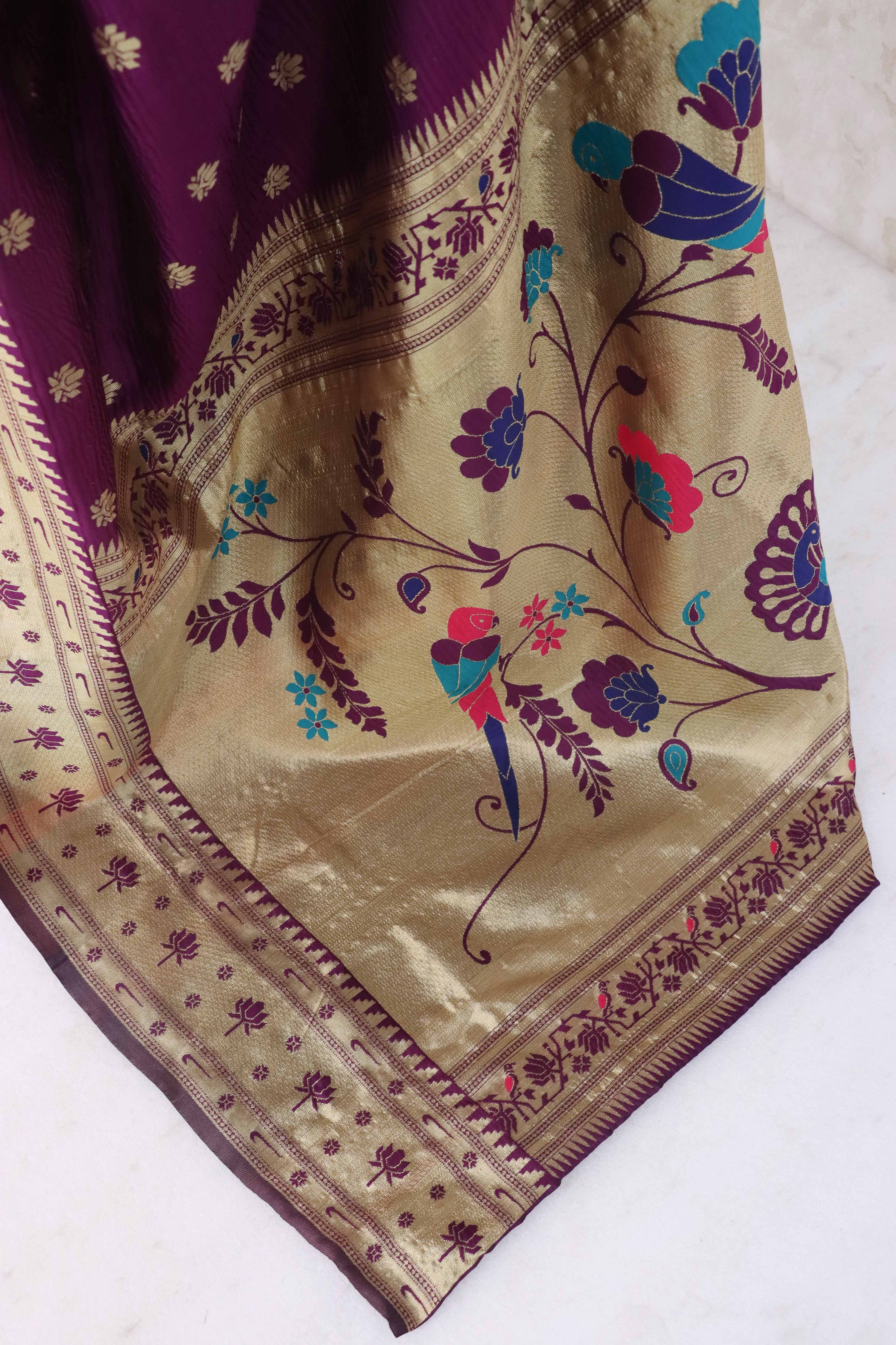 Purple Pure Silk Paithani Saree With Elegant Floral Zari Weaving