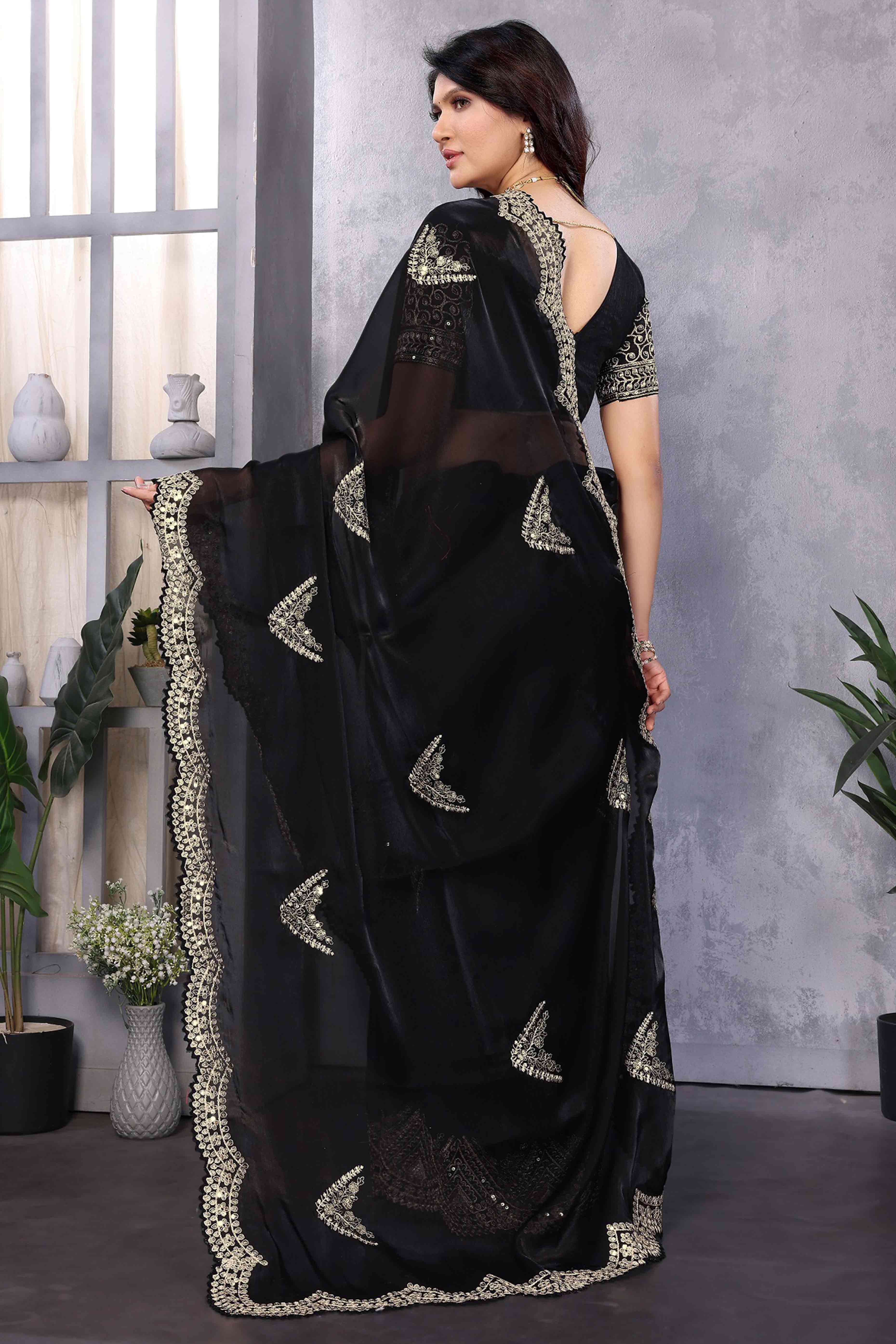 Black Floral Sequins Embroidered Shimmer Chiffon Saree