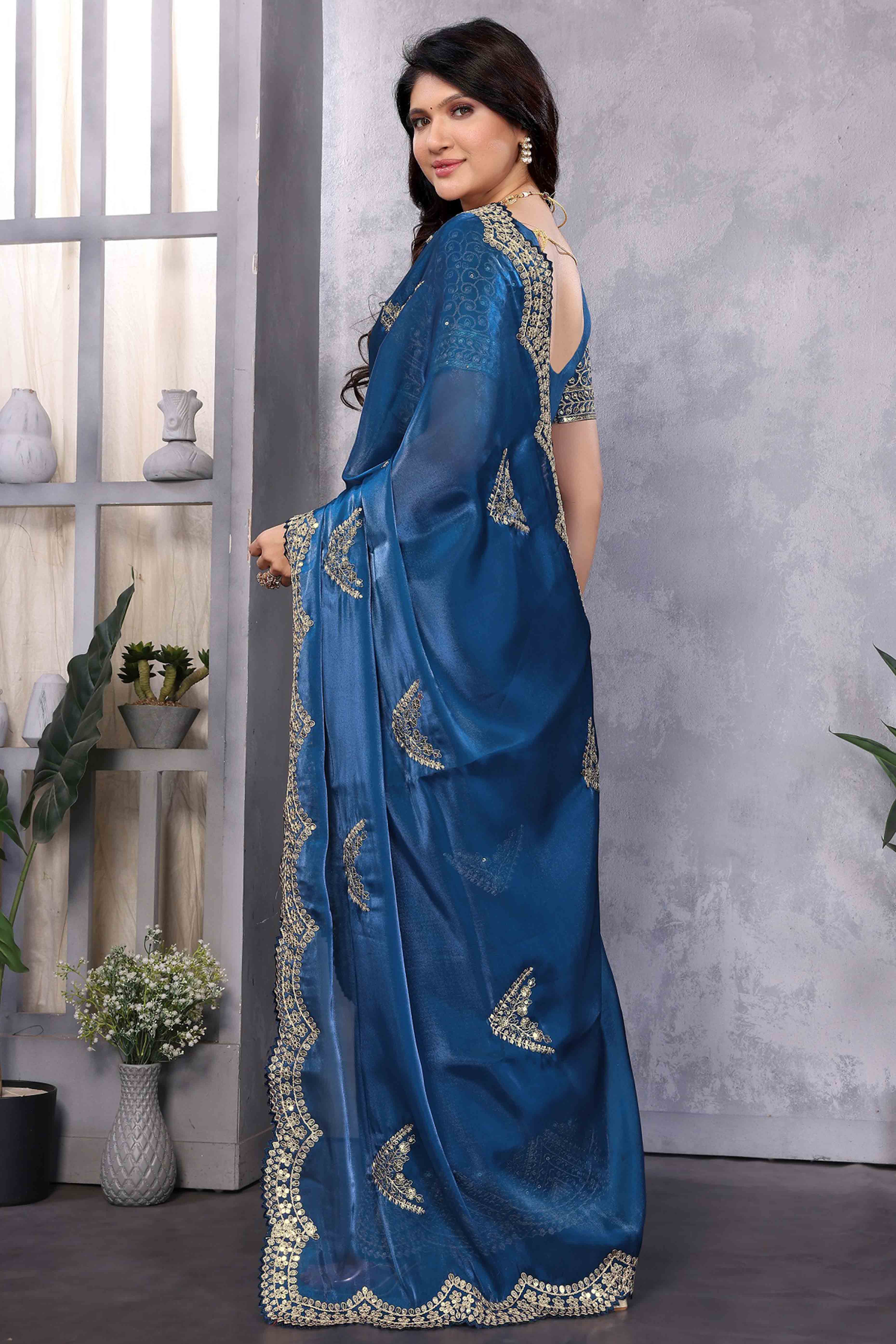 Blue Floral Sequins Embroidered Shimmer Chiffon Saree