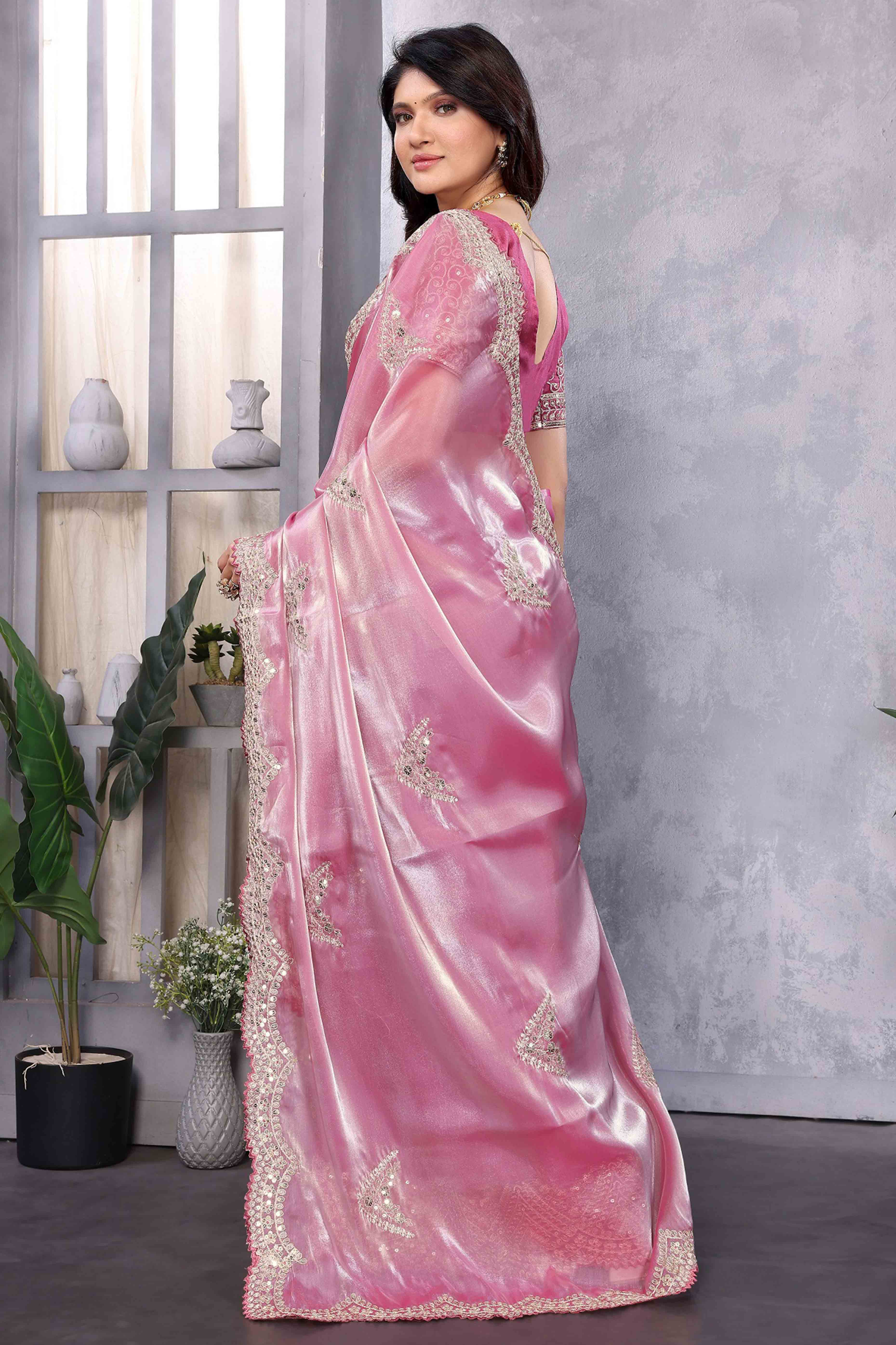 Baby Pink Floral Sequins Embroidered Shimmer Chiffon Saree
