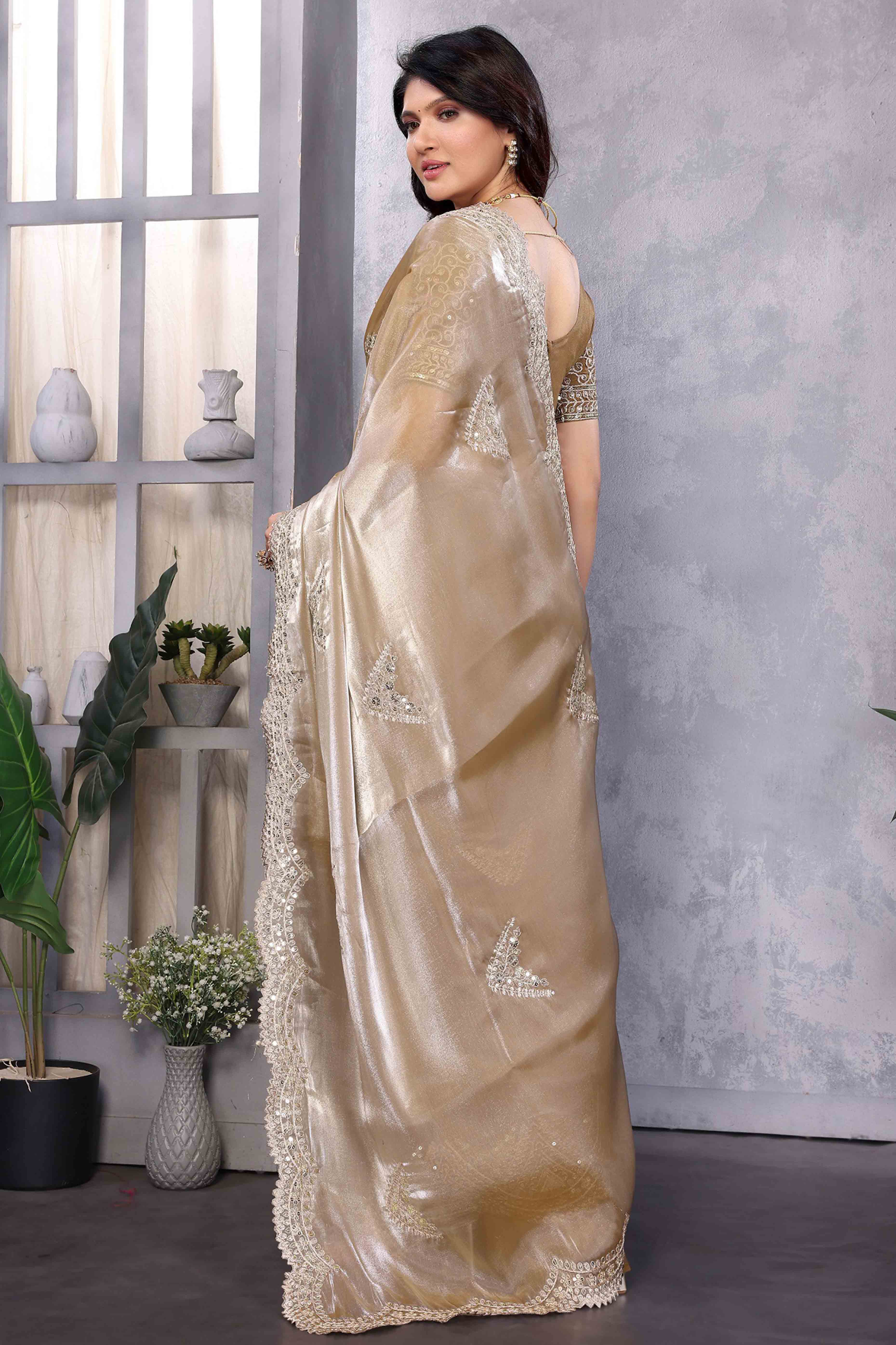 Chikoo Floral Sequins Embroidered Shimmer Chiffon Saree