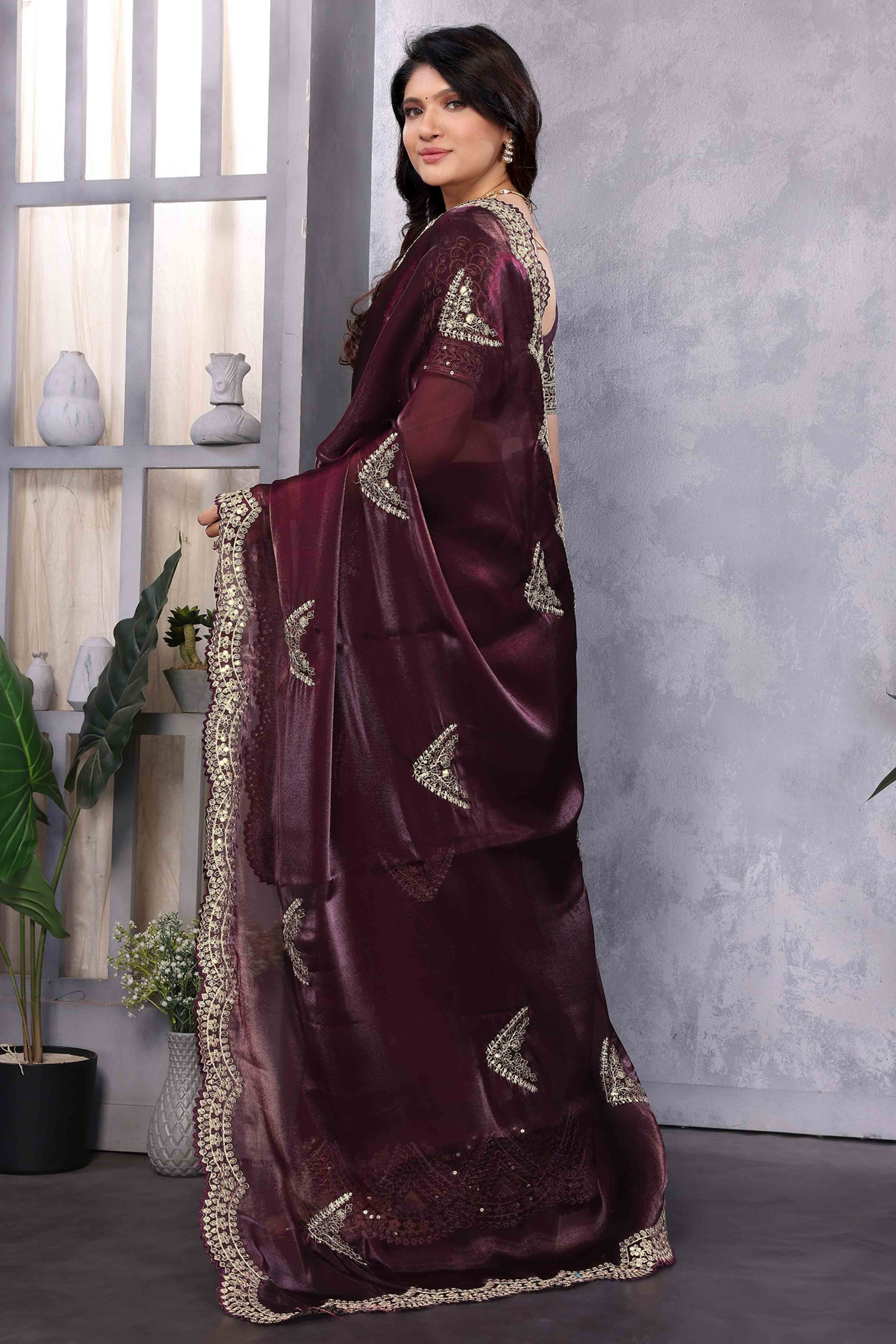 Dark Wine Floral Sequins Embroidered Shimmer Chiffon Saree