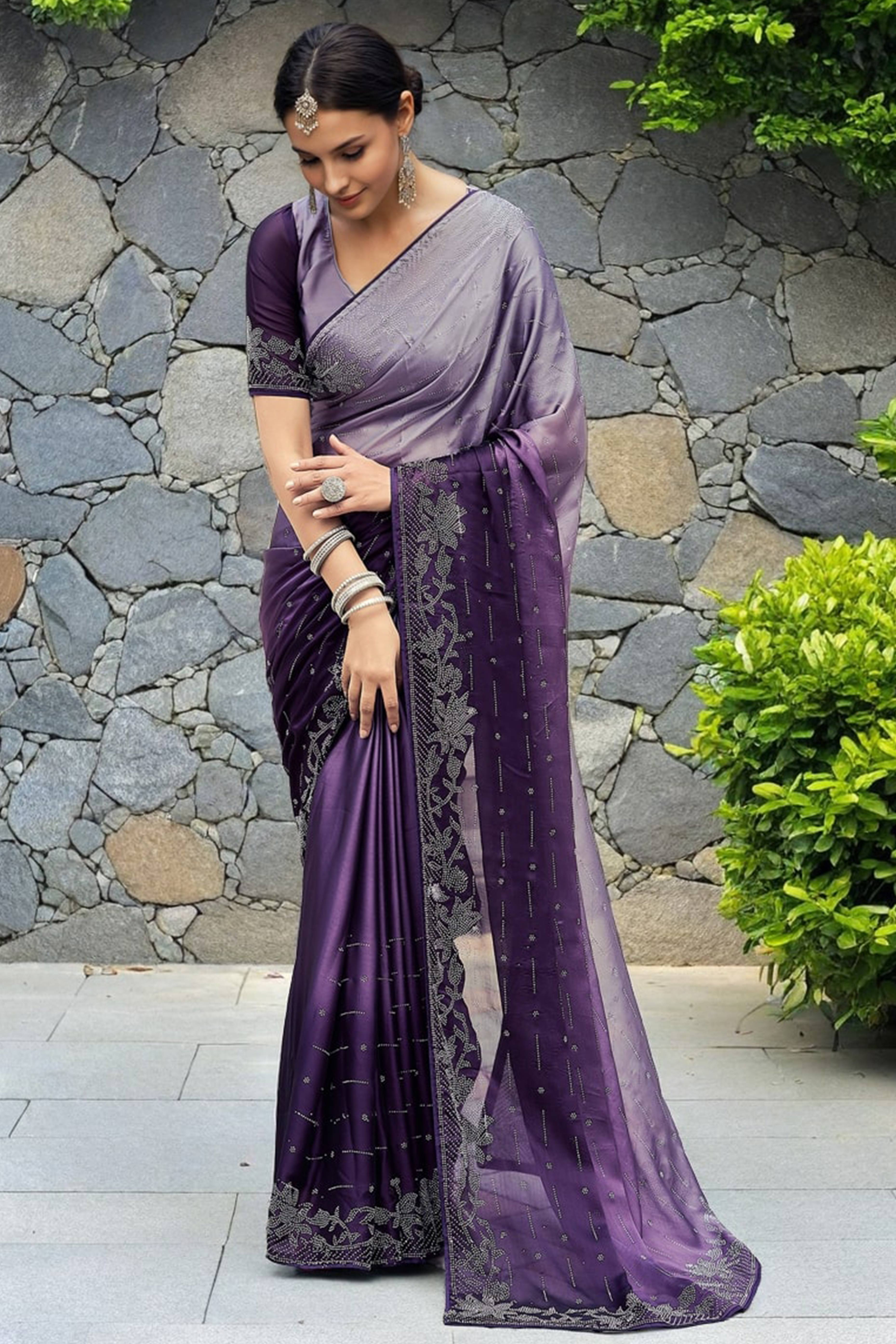 Purple Rangoli Dola Silk Saree Adorned With Gleaming Swarovski Work & Classic Floral Border