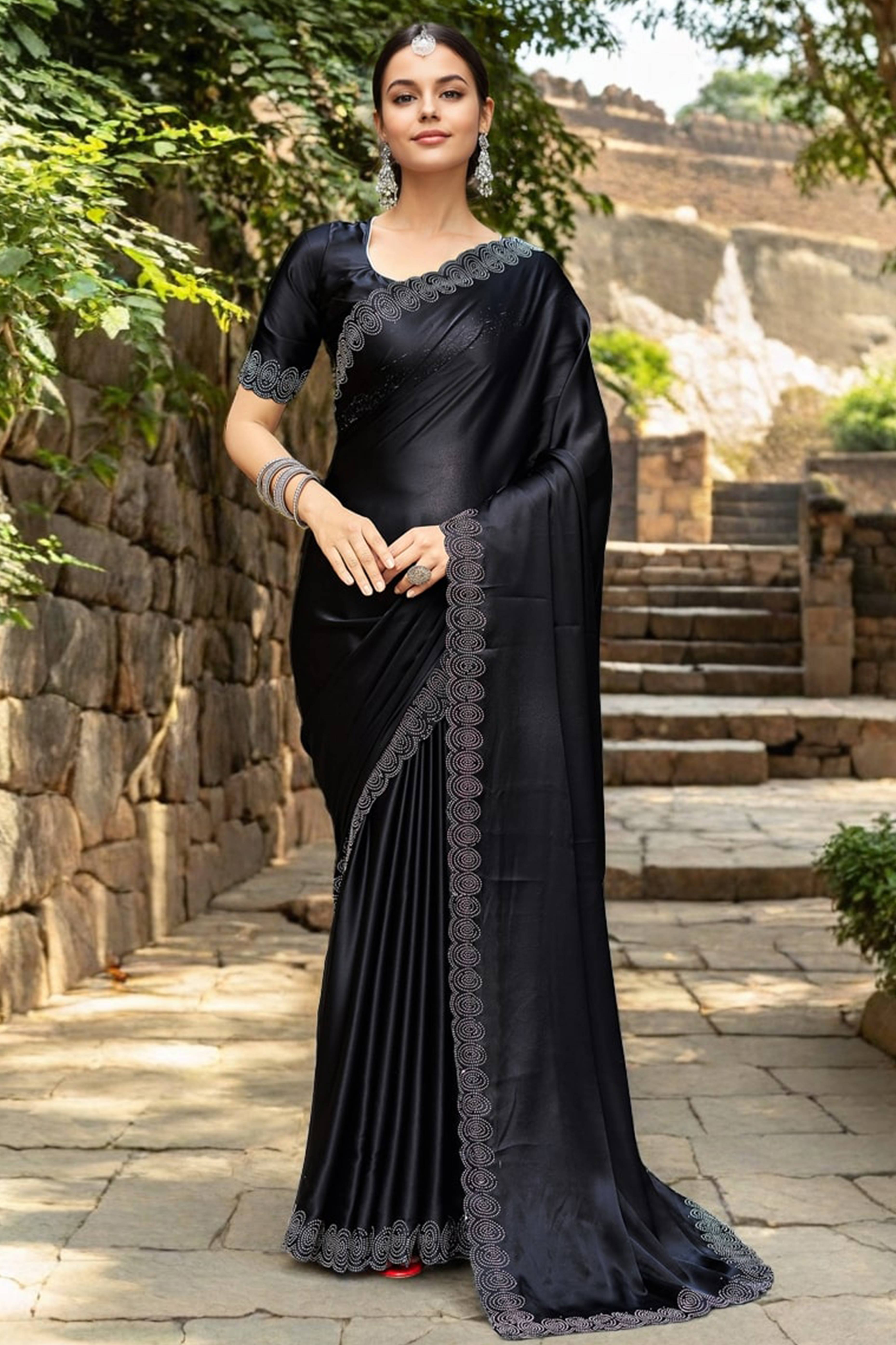 Black Solid Rangoli Dola Silk Saree Featuring Sparkling Swarovski Work Border