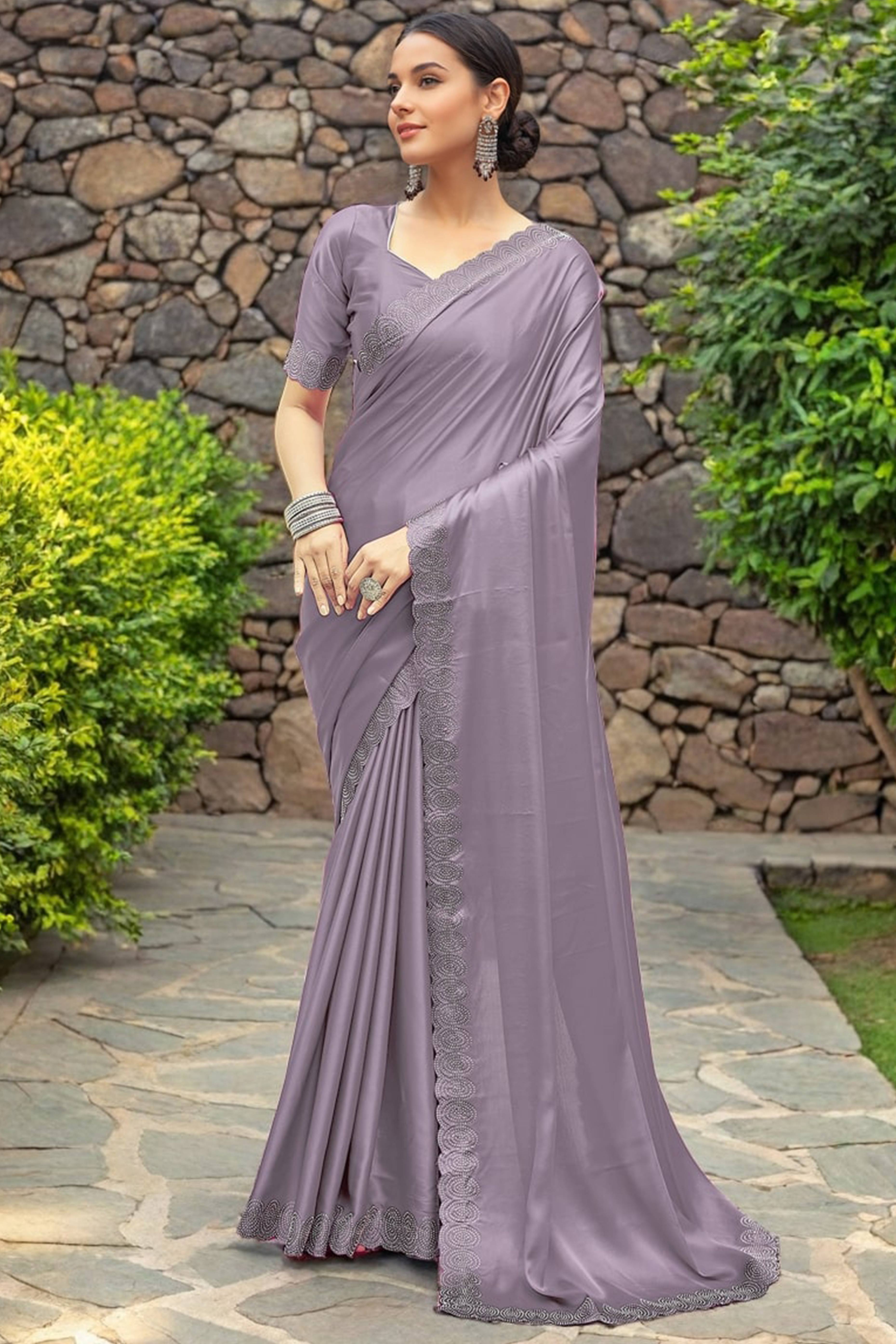 Lavender Solid Rangoli Dola Silk Saree Featuring Sparkling Swarovski Work Border