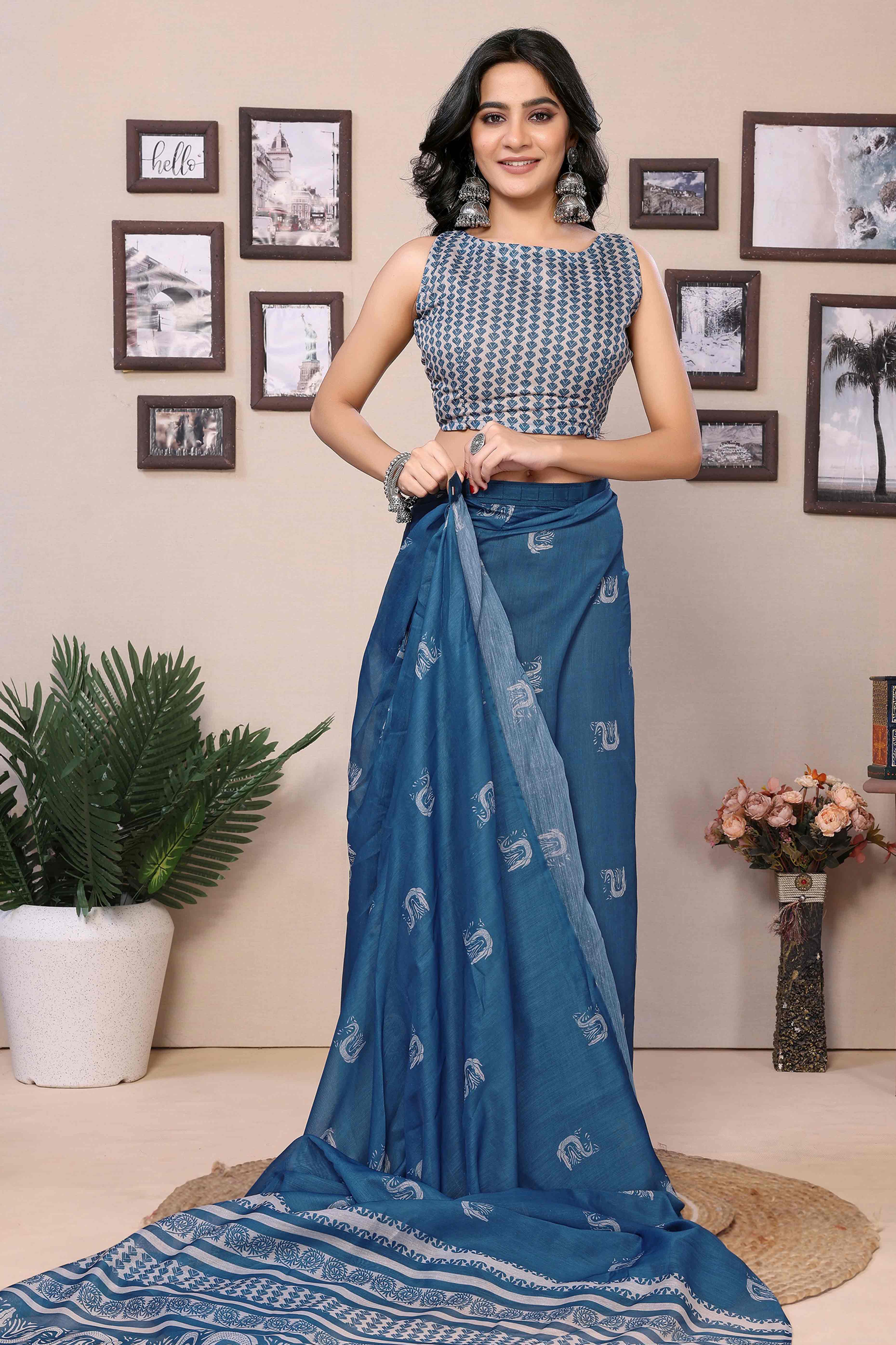 Blue Digital Printed Cotton Blend Ready To Wear Saree