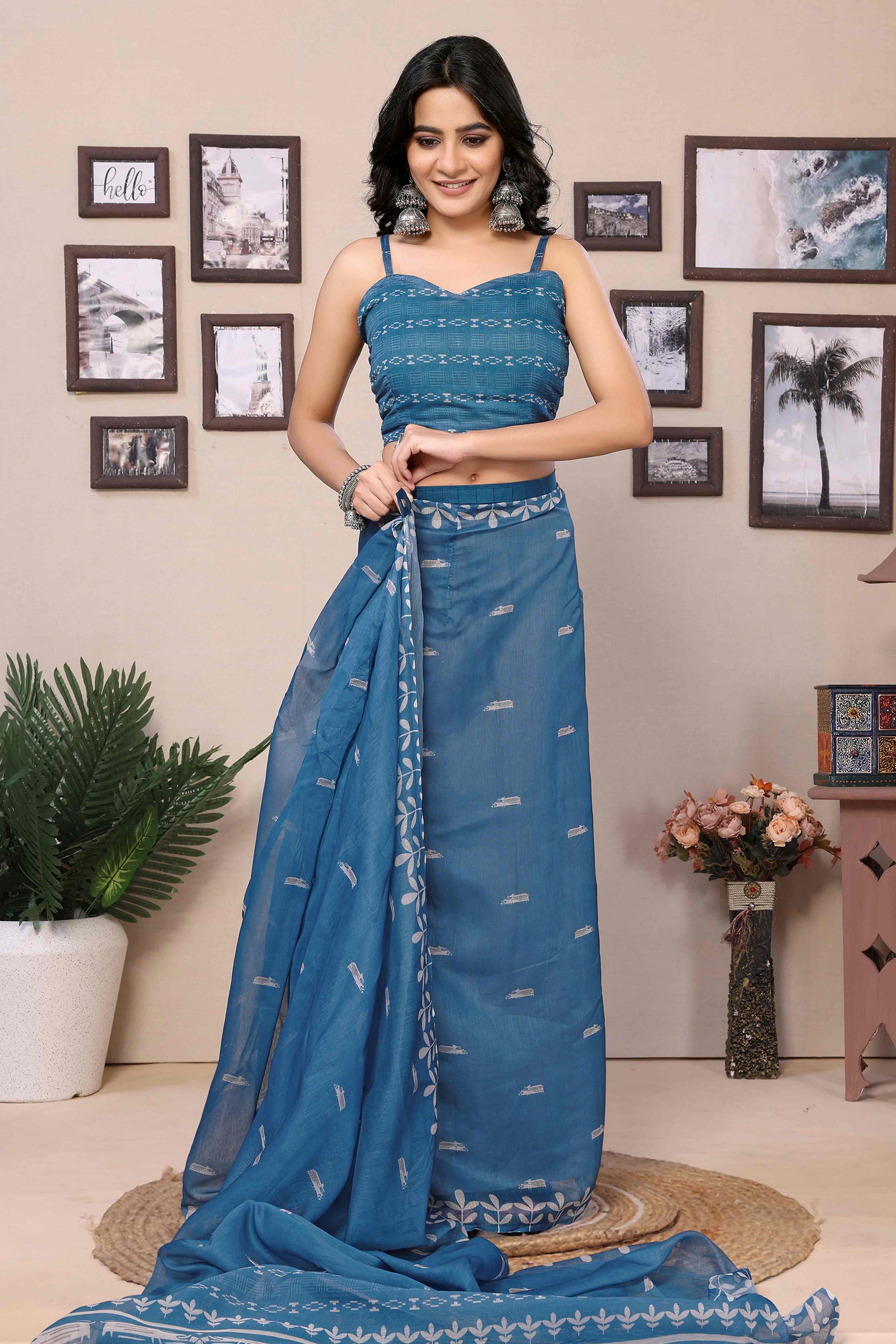 Blue Digital Printed Cotton Blend Ready To Wear Saree
