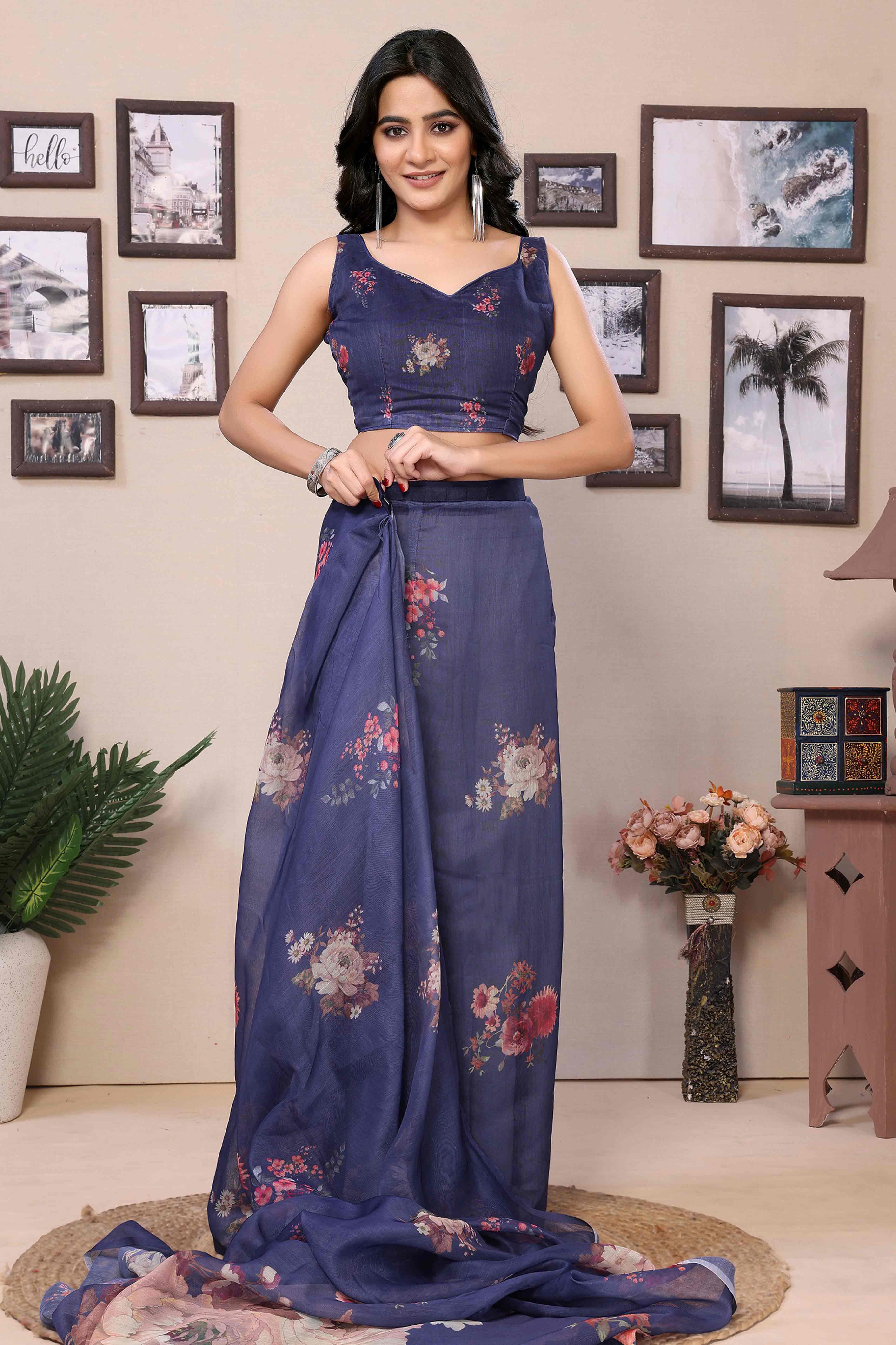 Blue Digital Printed Cotton Blend Ready To Wear Saree