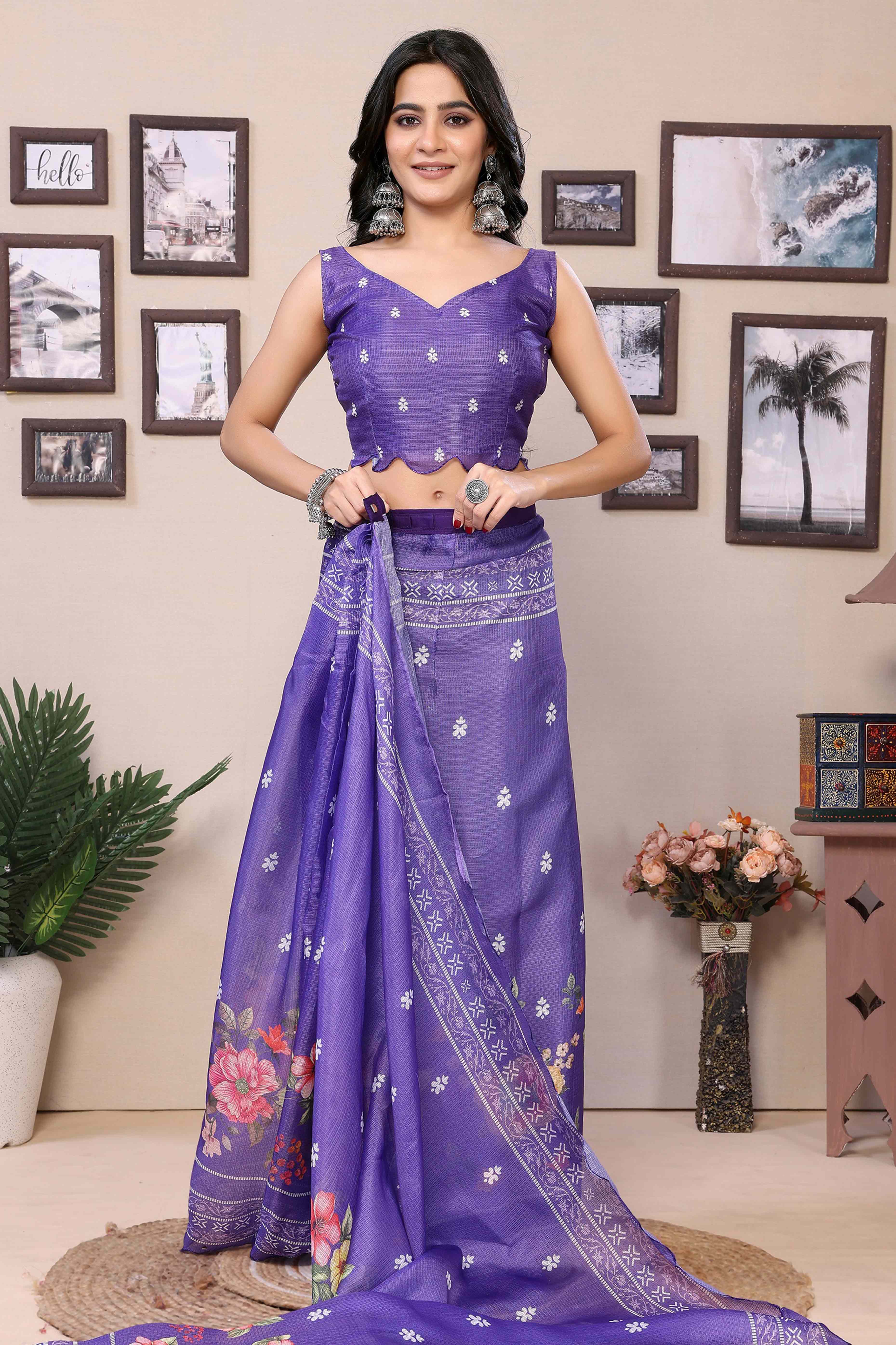 Purple Floral Digital Printed Kota Doria Ready To Wear Saree