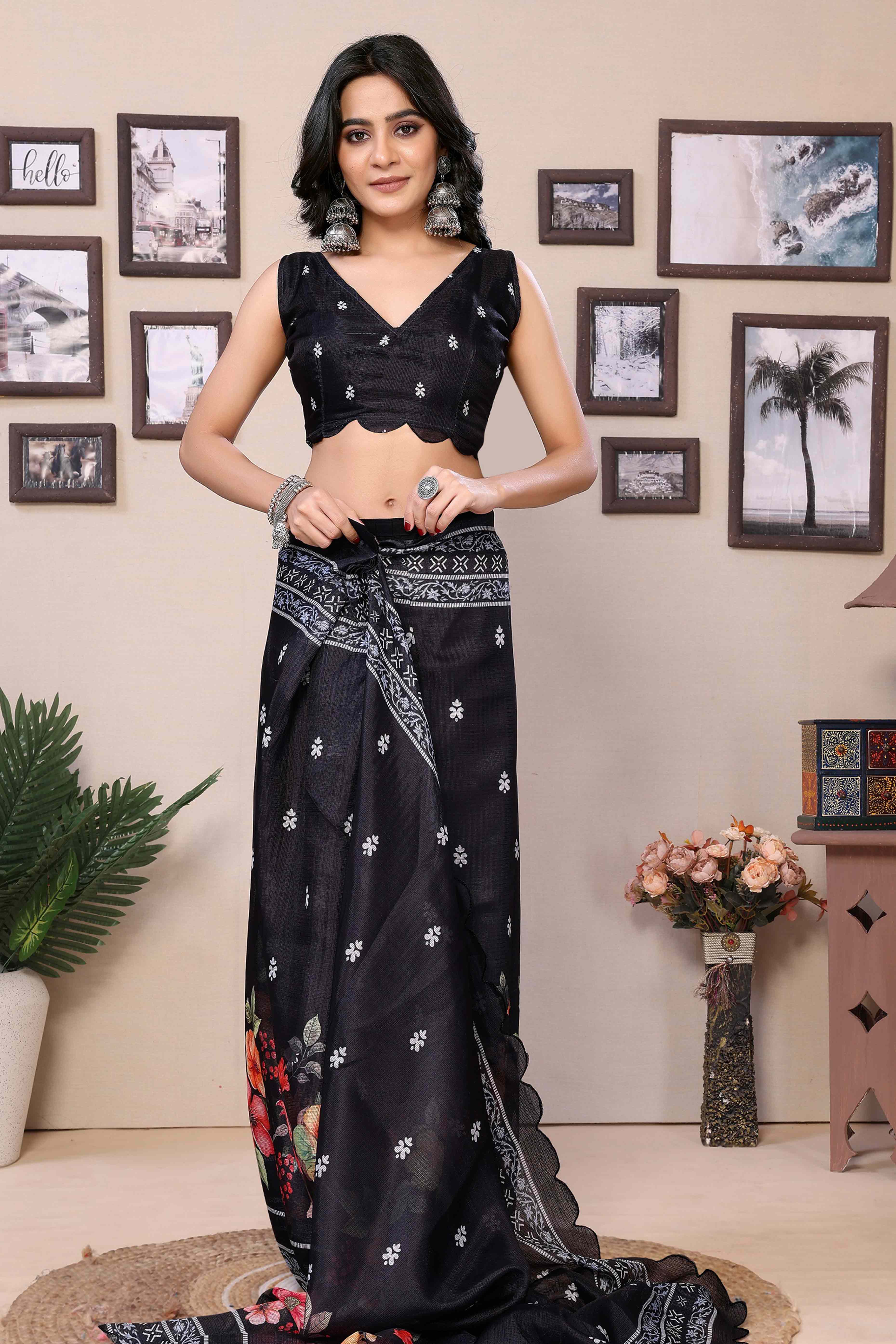 Black Floral Digital Printed Kota Doria Ready To Wear Saree