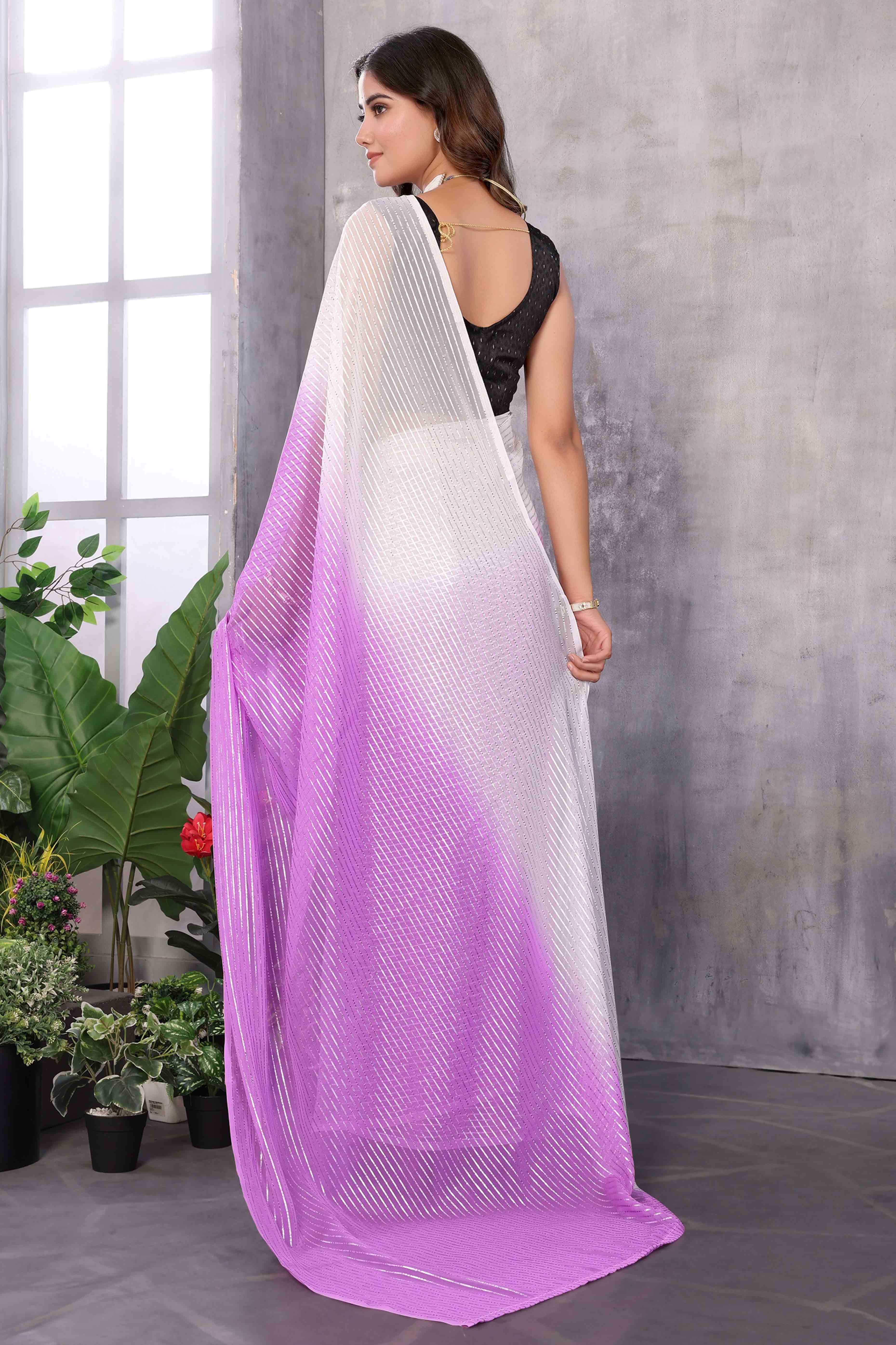 Purple Striped Zari Woven Art Silk Ready To Wear Saree