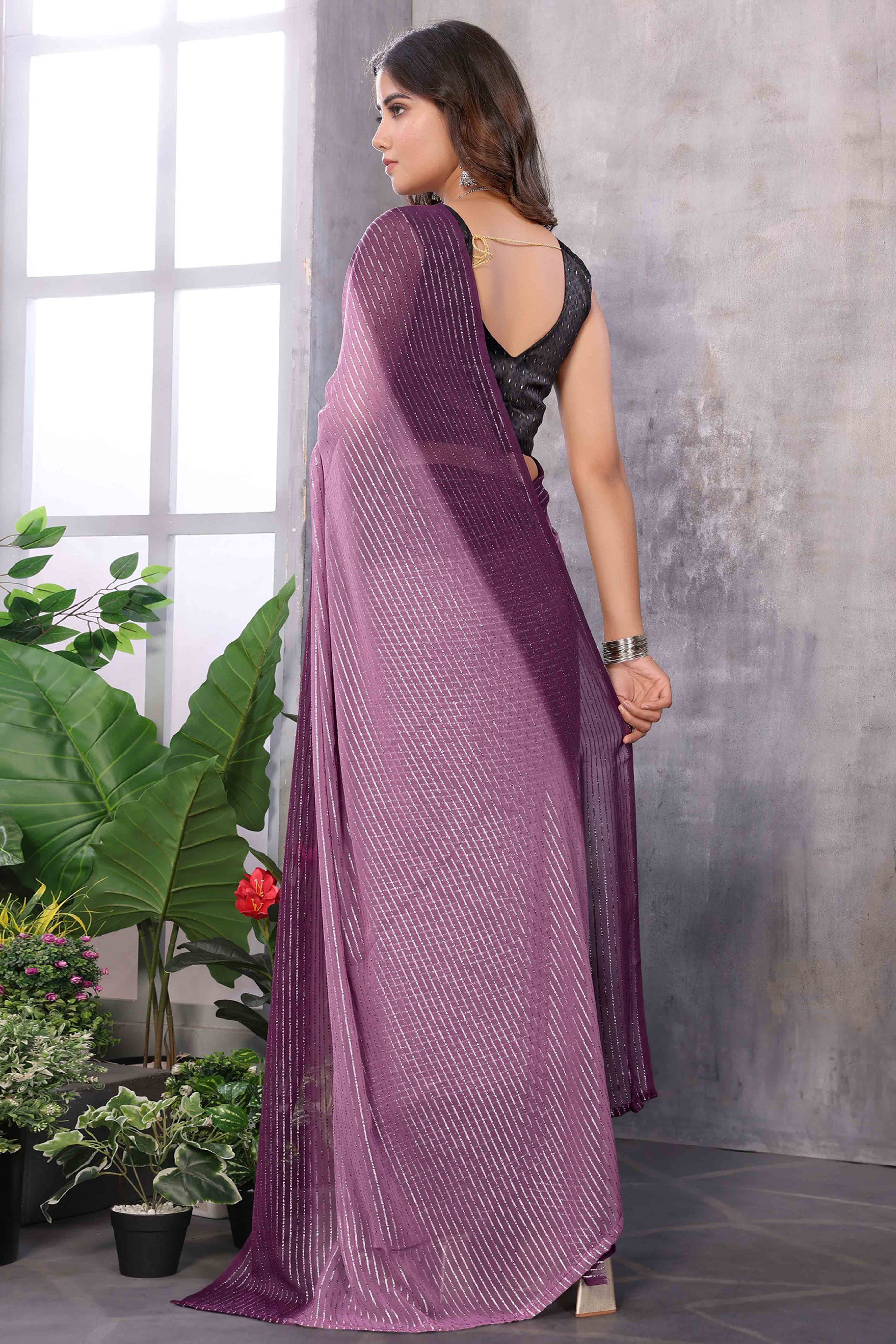 Purple Striped Zari Woven Art Silk Ready To Wear Saree