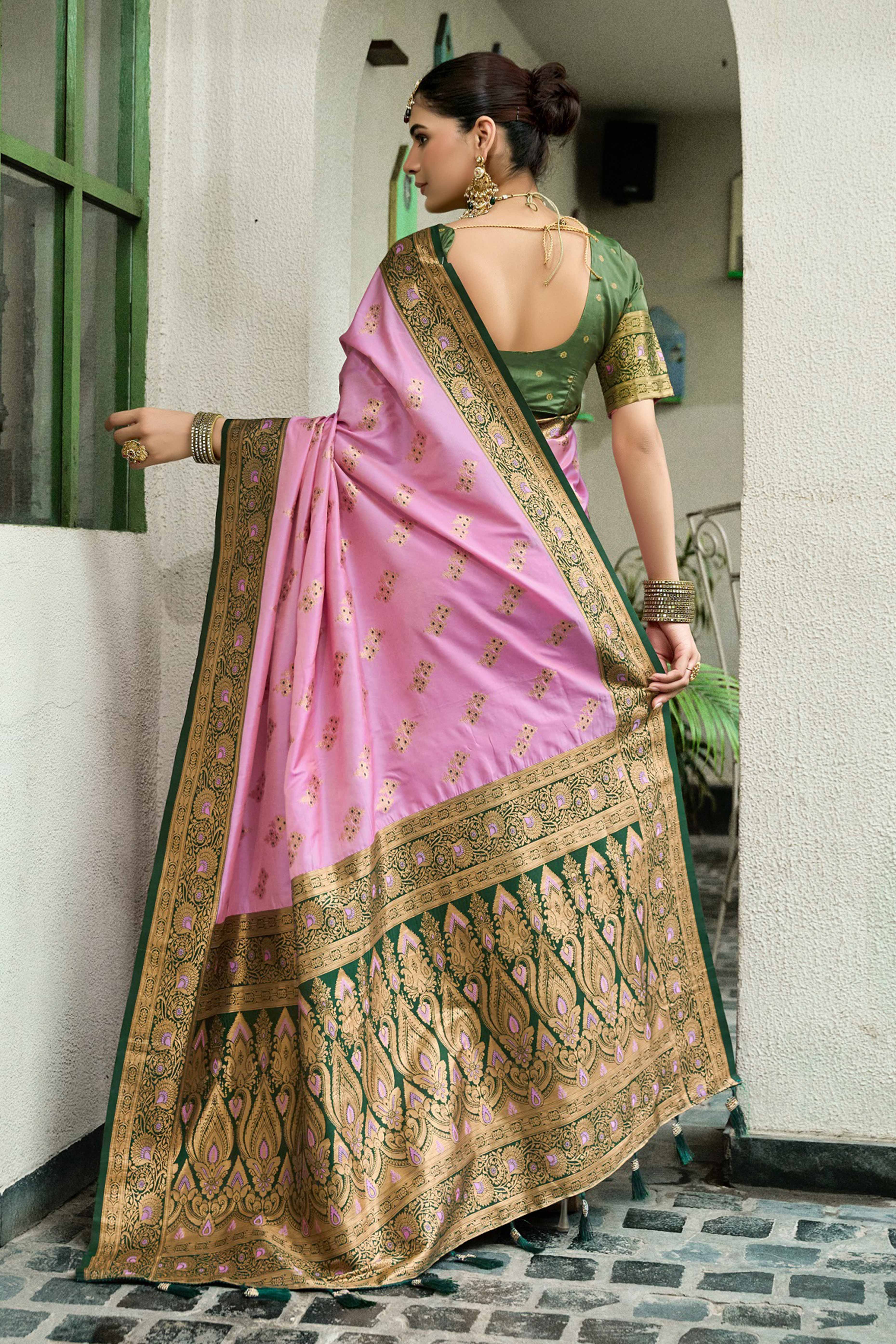 Pink Silk Blend Saree Featuring Intricate Floral Zari Work