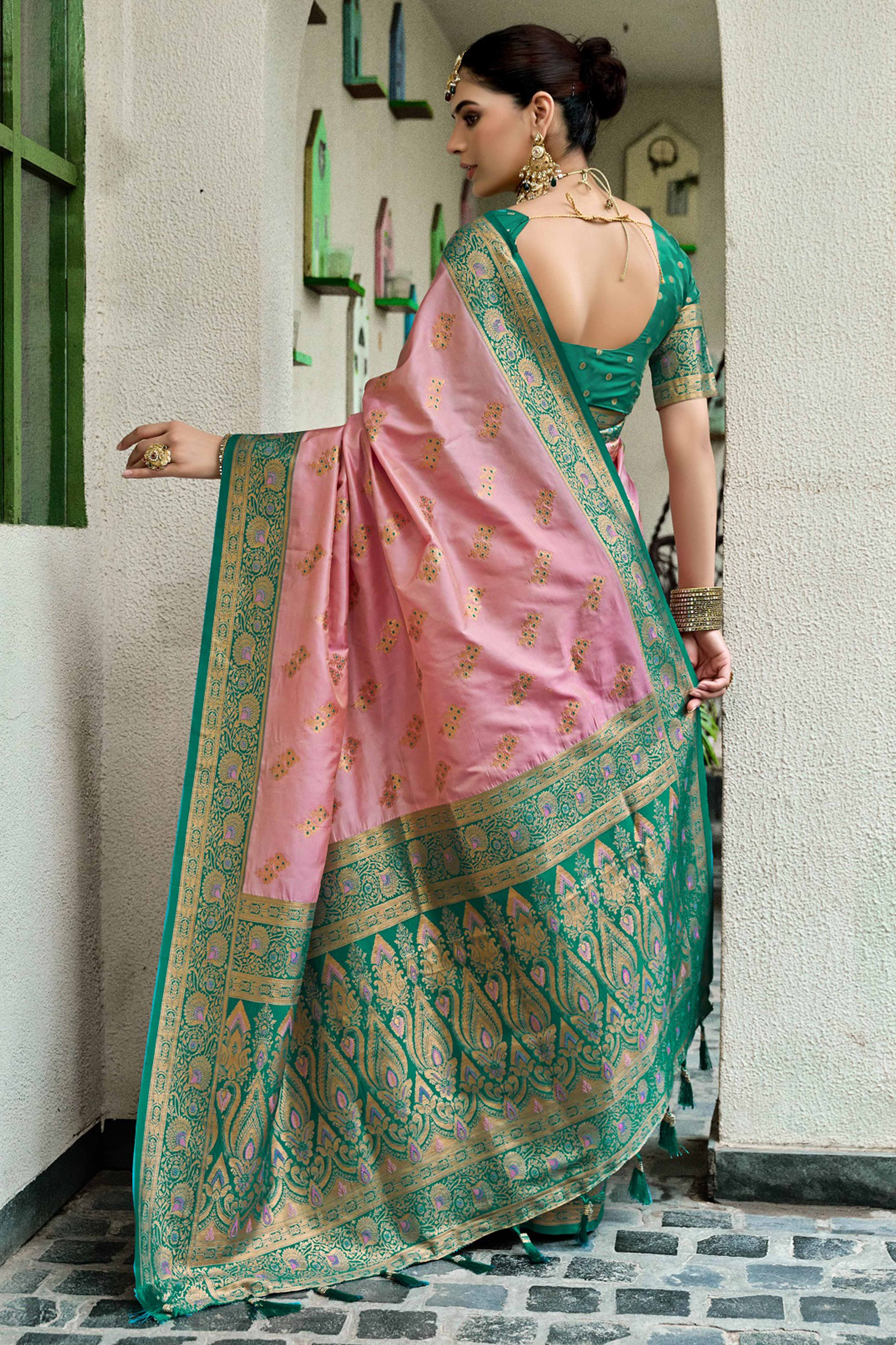 Peach Silk Blend Saree Featuring Intricate Floral Zari Work