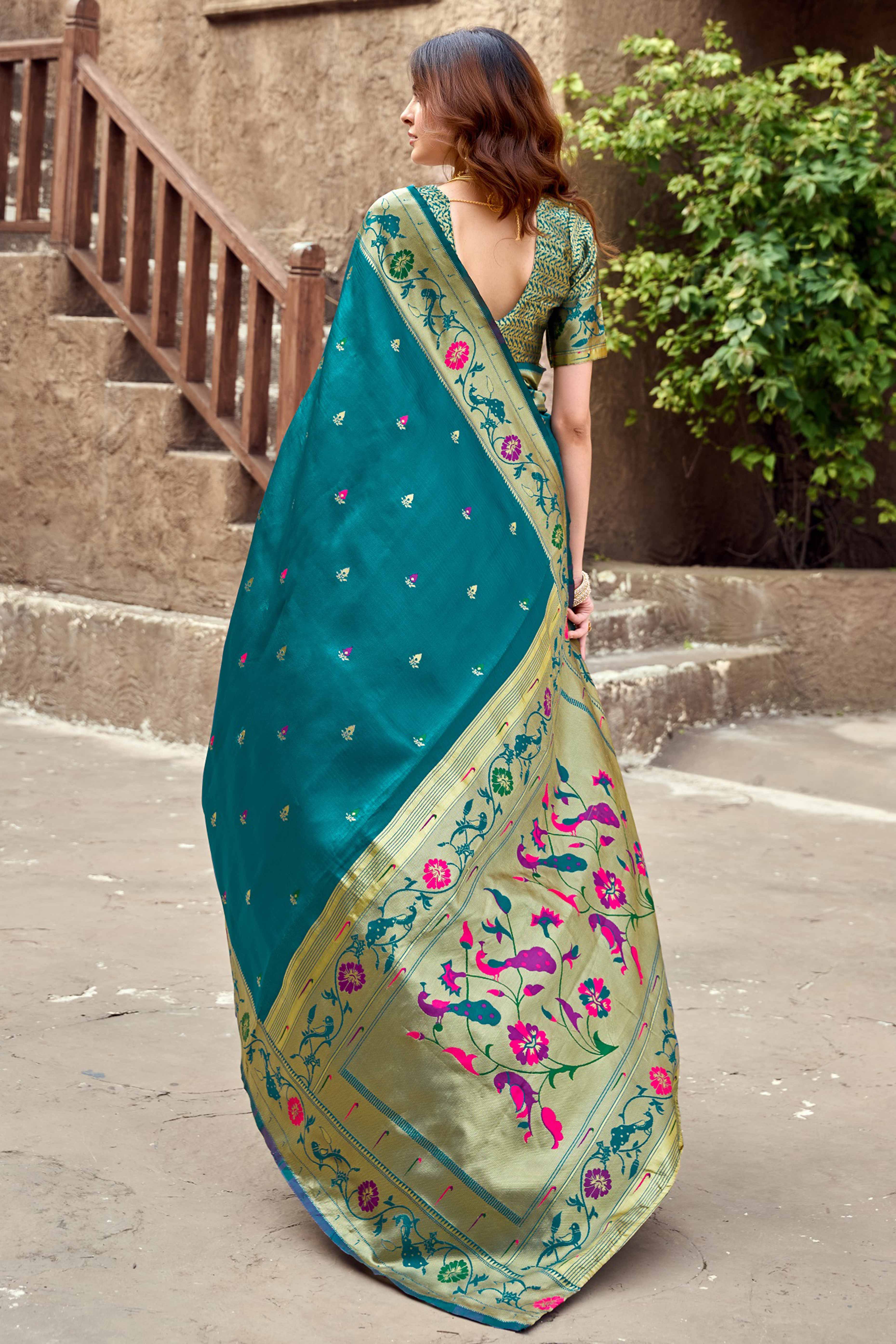 Teal Paithani Style Soft Silk Saree with Zari Weaving