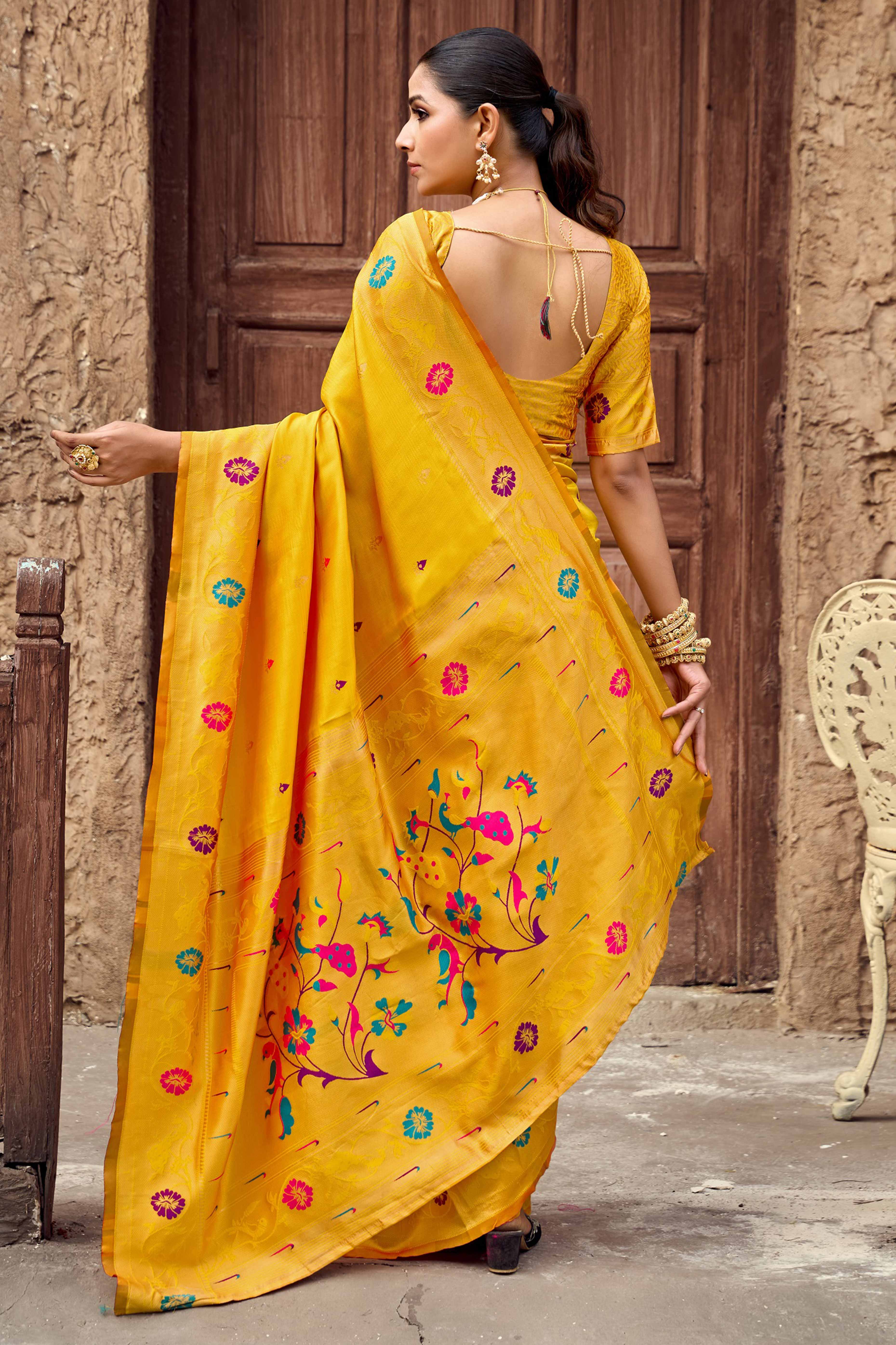 Yellow Paithani Style Soft Silk Saree with Zari Weaving