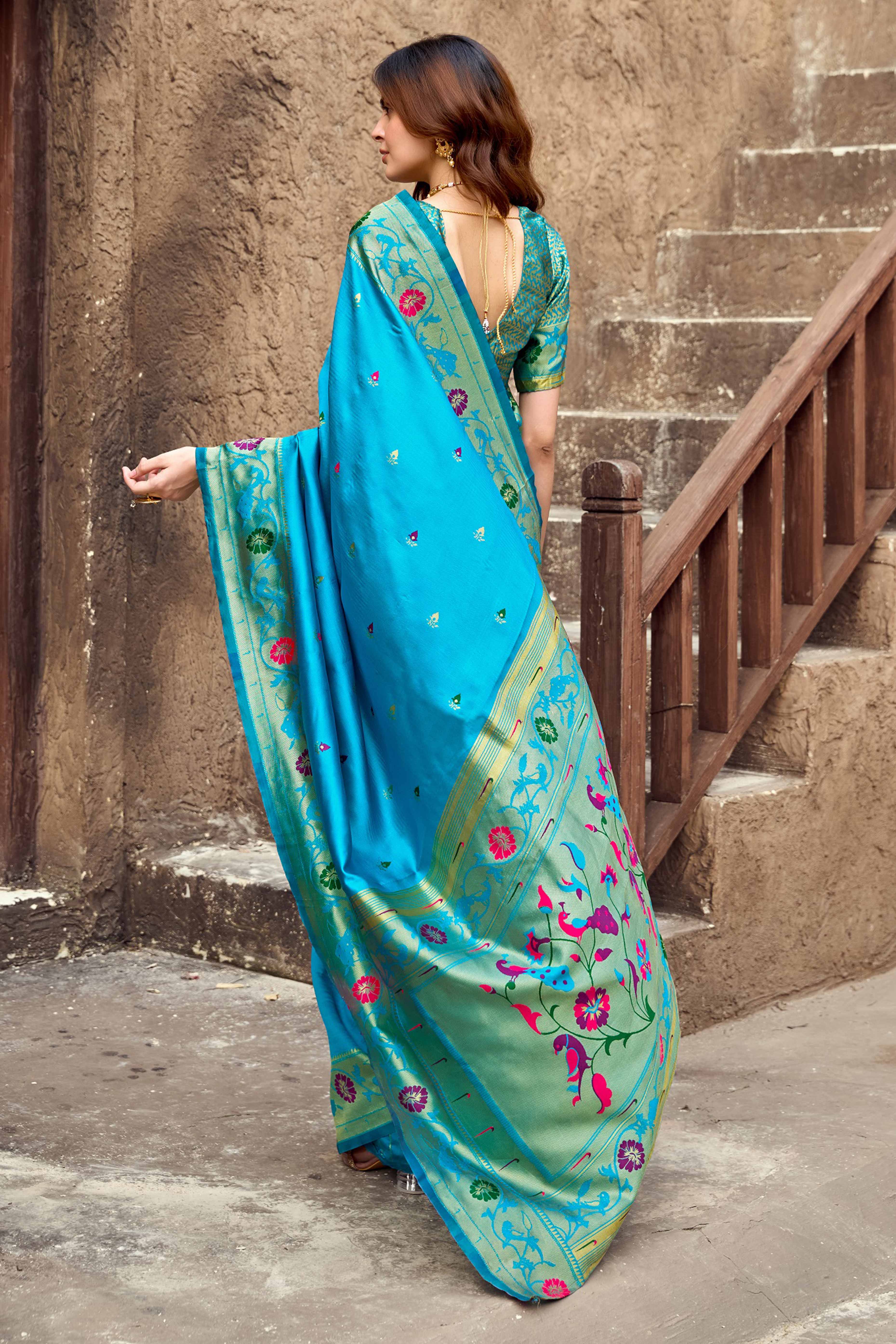 Rama Blue Paithani Style Soft Silk Saree with Zari Weaving